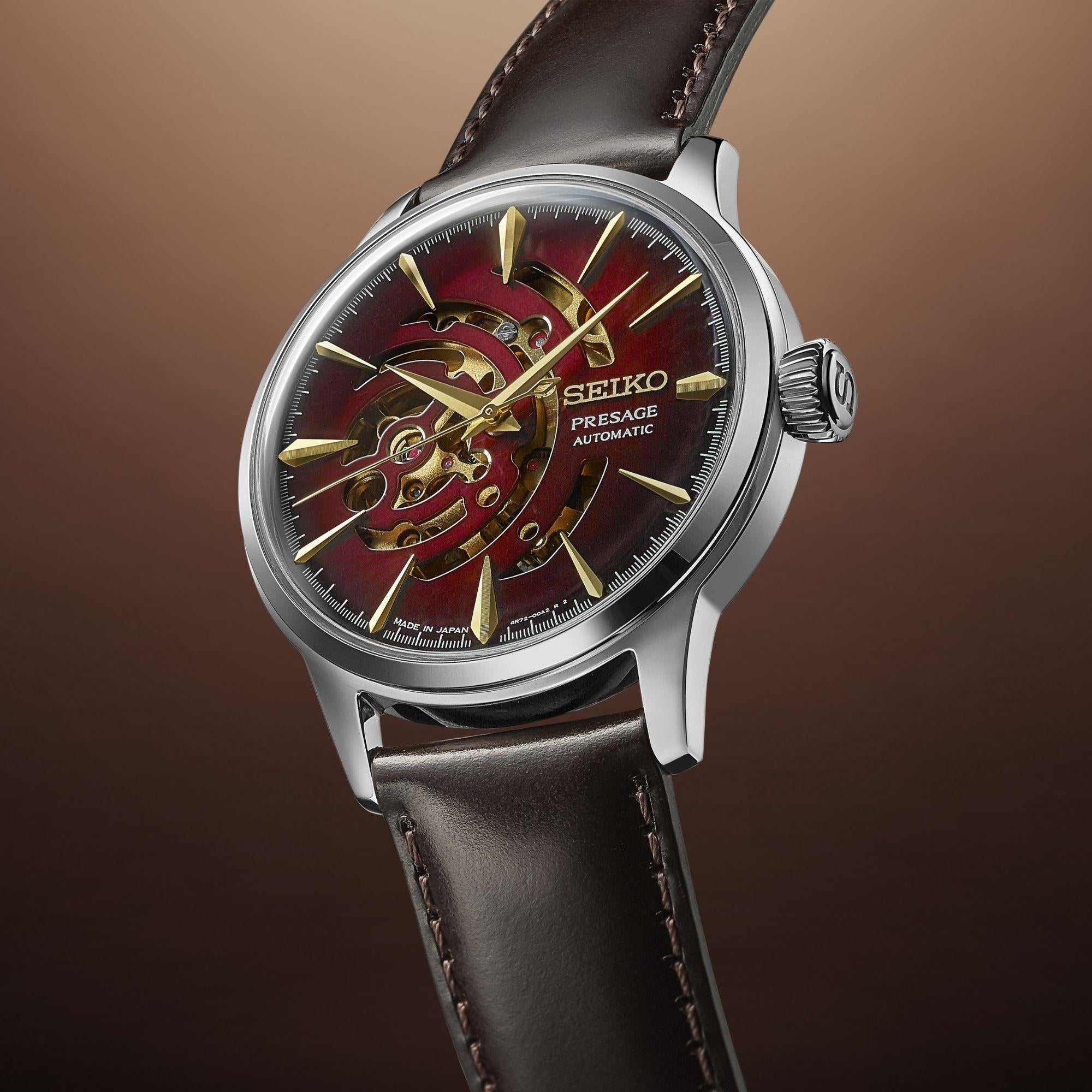 Seiko Presage Cocktail Time Star Bar 'Red Brick' Automatic Red Dial Black Leather Strap Limited Edition Men’s Watch SSA457J1