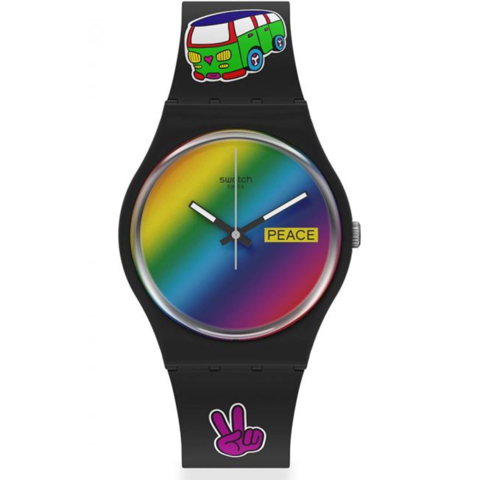 Swatch Gent Bioceramic Go With The Bow Quartz Multi-Coloured Dial Black Silicone Strap Unisex Watch SO31B101