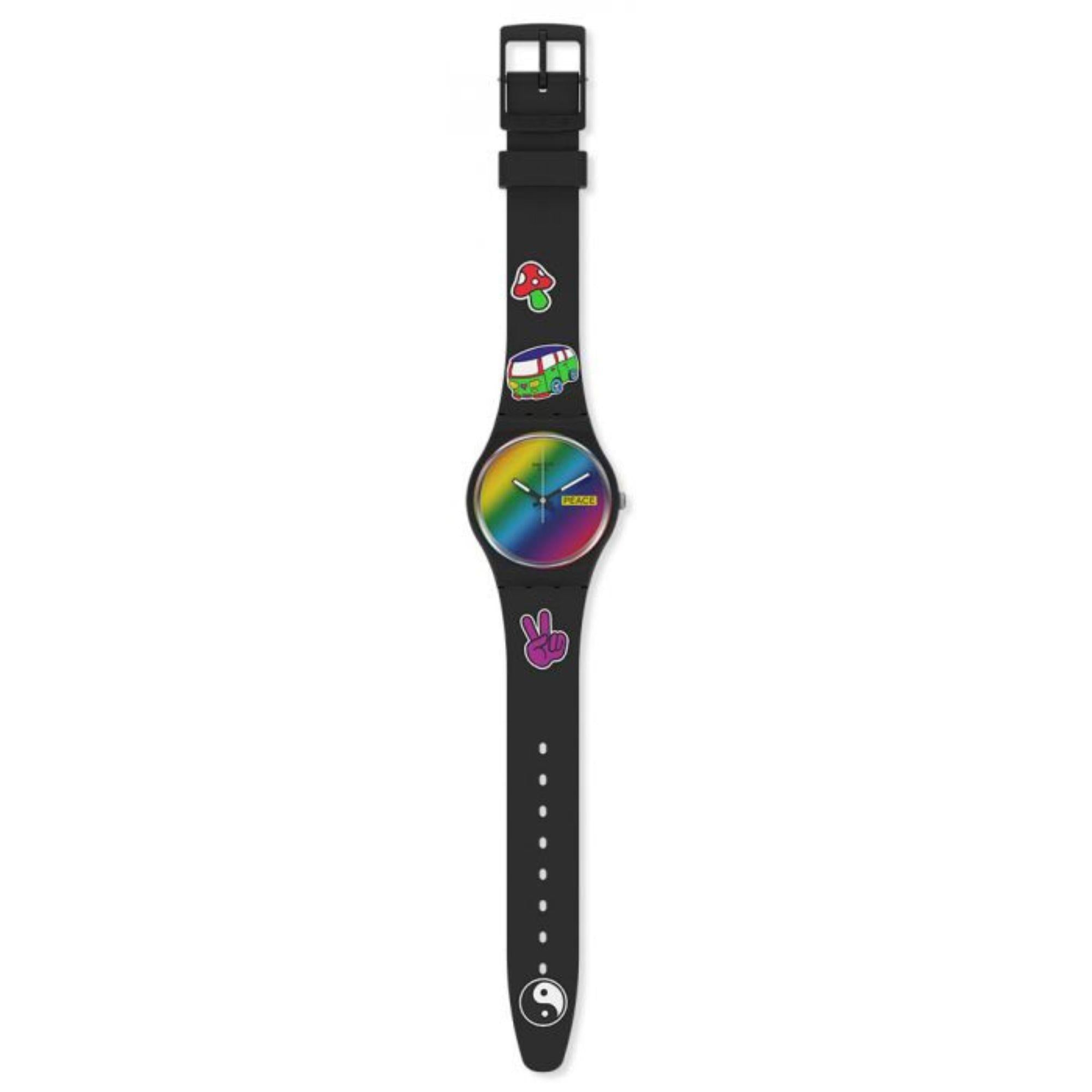 Swatch Gent Bioceramic Go With The Bow Quartz Multi-Coloured Dial Black Silicone Strap Unisex Watch SO31B101