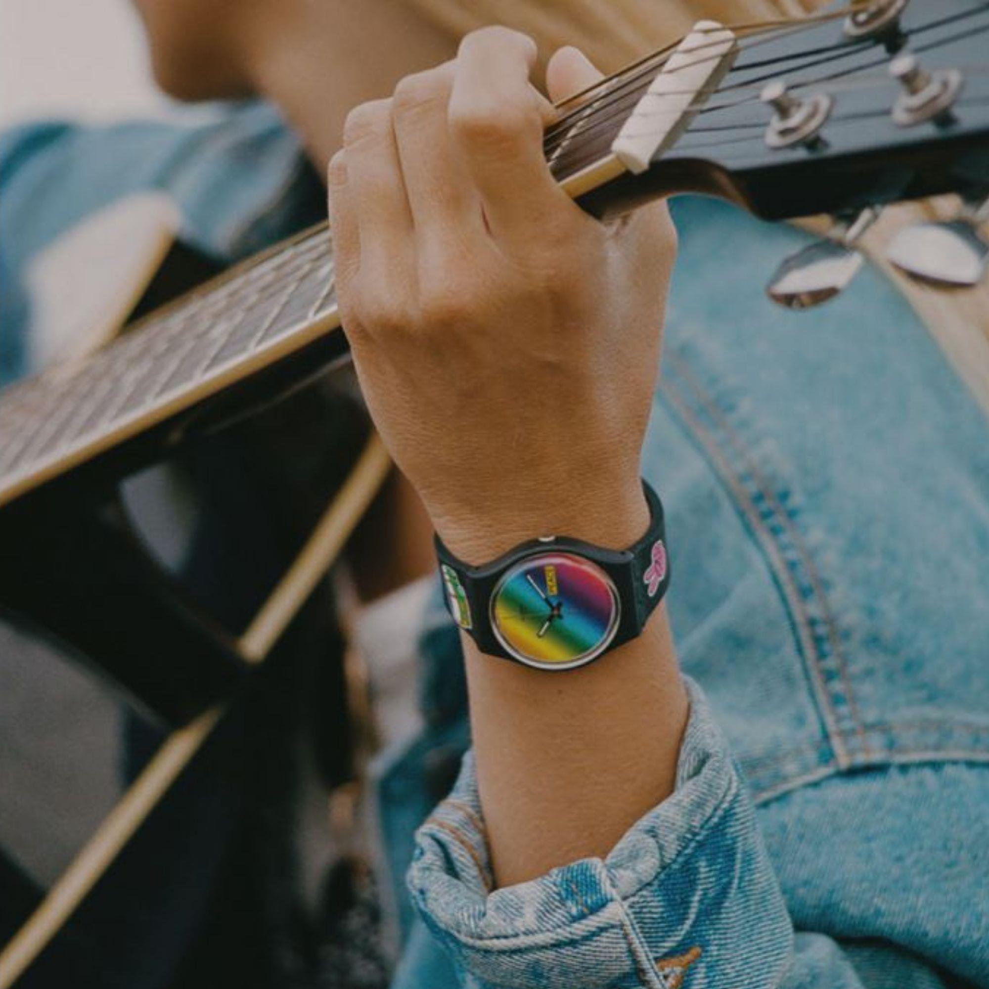 Swatch Gent Bioceramic Go With The Bow Quartz Multi-Coloured Dial Black Silicone Strap Unisex Watch SO31B101