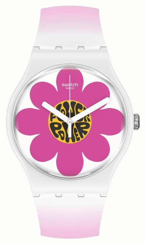 Swatch New Gent Bioceramic Flower Hour Quartz Multi-Coloured Dial Pink Silicone Strap Unisex Watch SO32M104