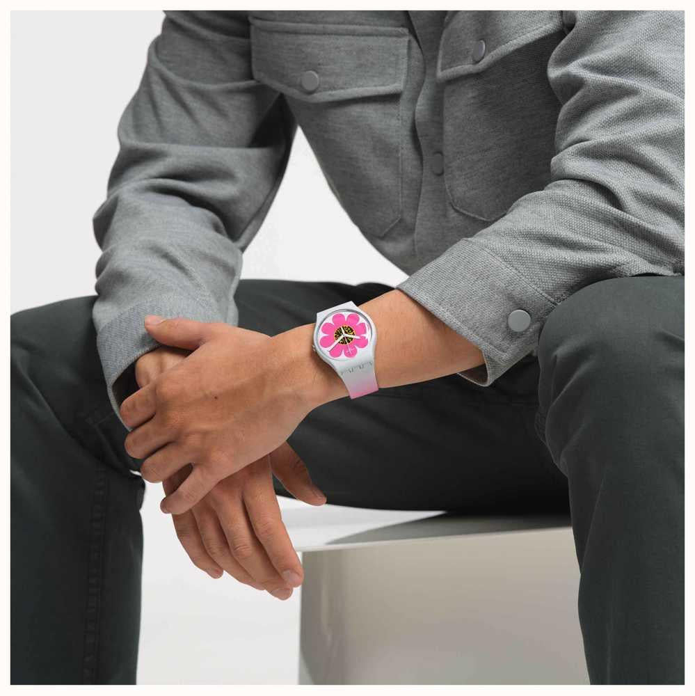 Swatch New Gent Bioceramic Flower Hour Quartz Multi-Coloured Dial Pink Silicone Strap Unisex Watch SO32M104