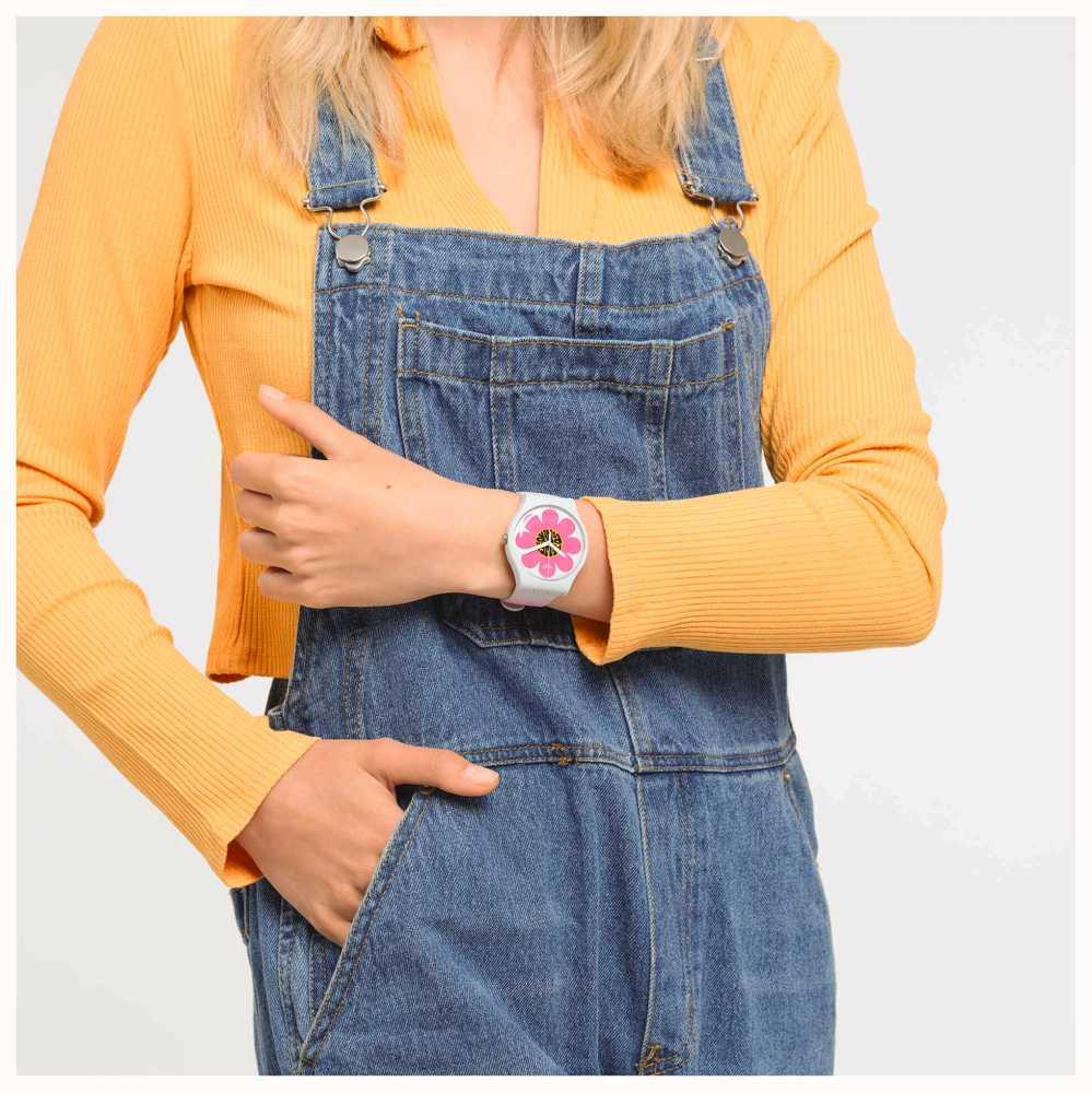 Swatch New Gent Bioceramic Flower Hour Quartz Multi-Coloured Dial Pink Silicone Strap Unisex Watch SO32M104