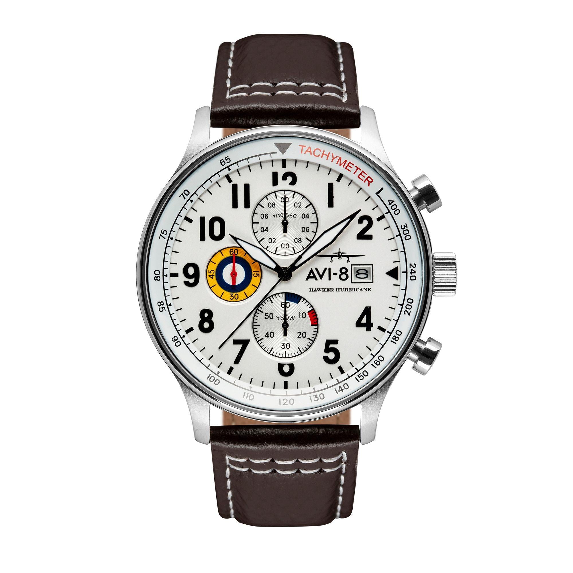 The AVI-8 Hawker Hurricane Classic Chronograph White Dial Brown Leather Strap Mens Watch AV-4011-01
