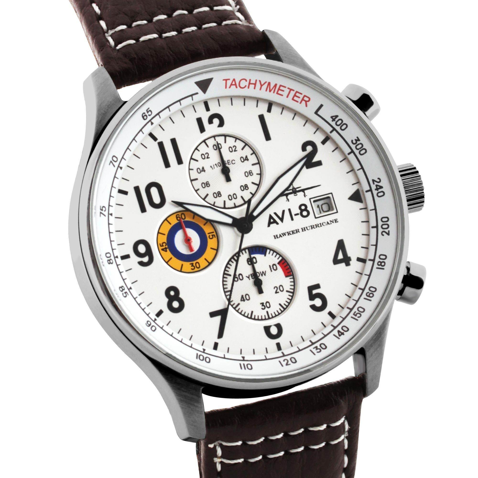 The AVI-8 Hawker Hurricane Classic Chronograph White Dial Brown Leather Strap Mens Watch AV-4011-01