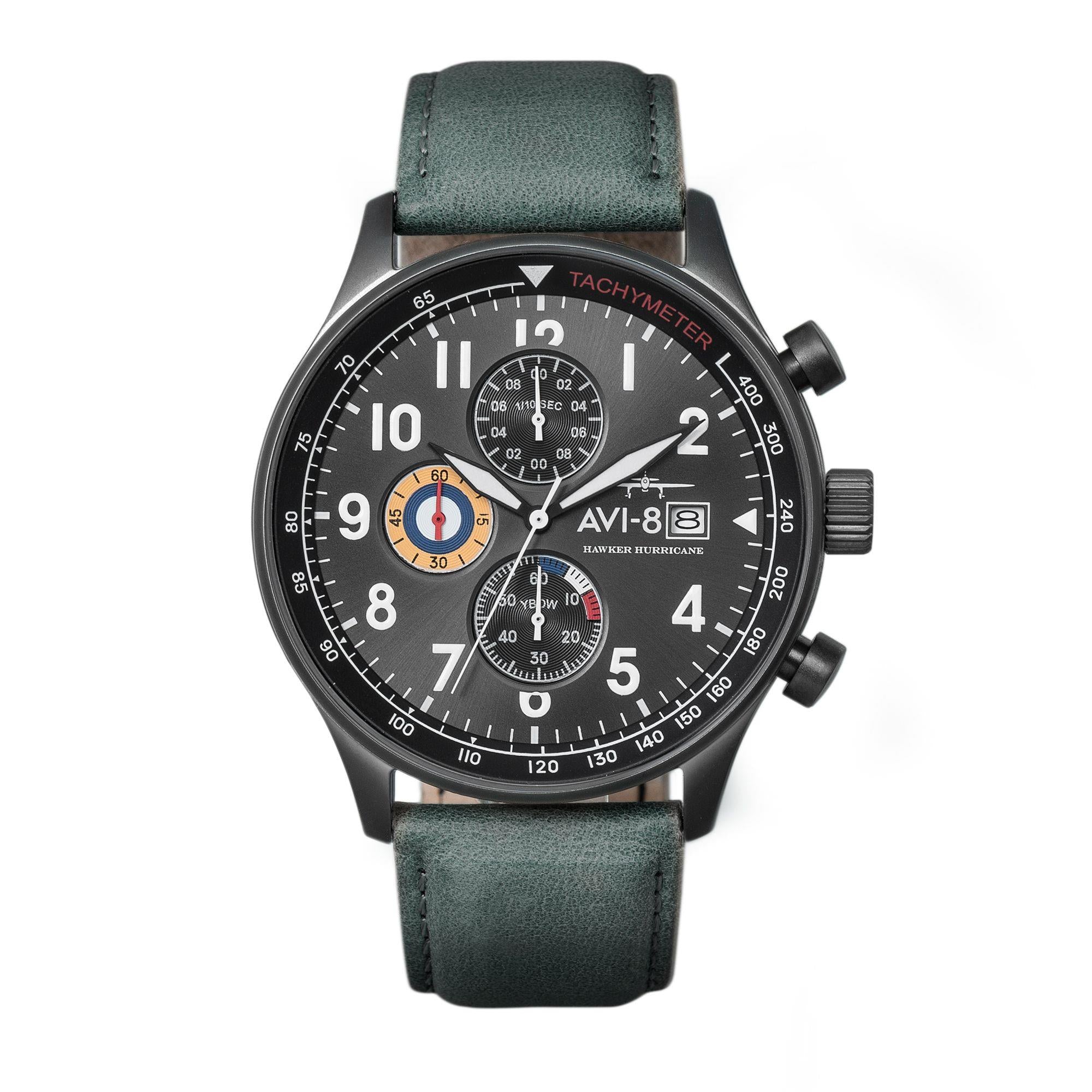 The AVI-8 Hawker Hurricane Classic Chronograph Black Dial Green Leather Strap Mens Watch AV-4011-0D