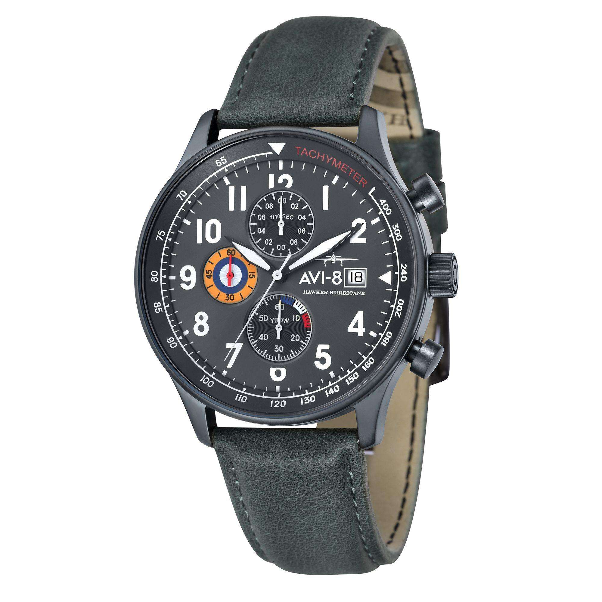 The AVI-8 Hawker Hurricane Classic Chronograph Black Dial Green Leather Strap Mens Watch AV-4011-0D