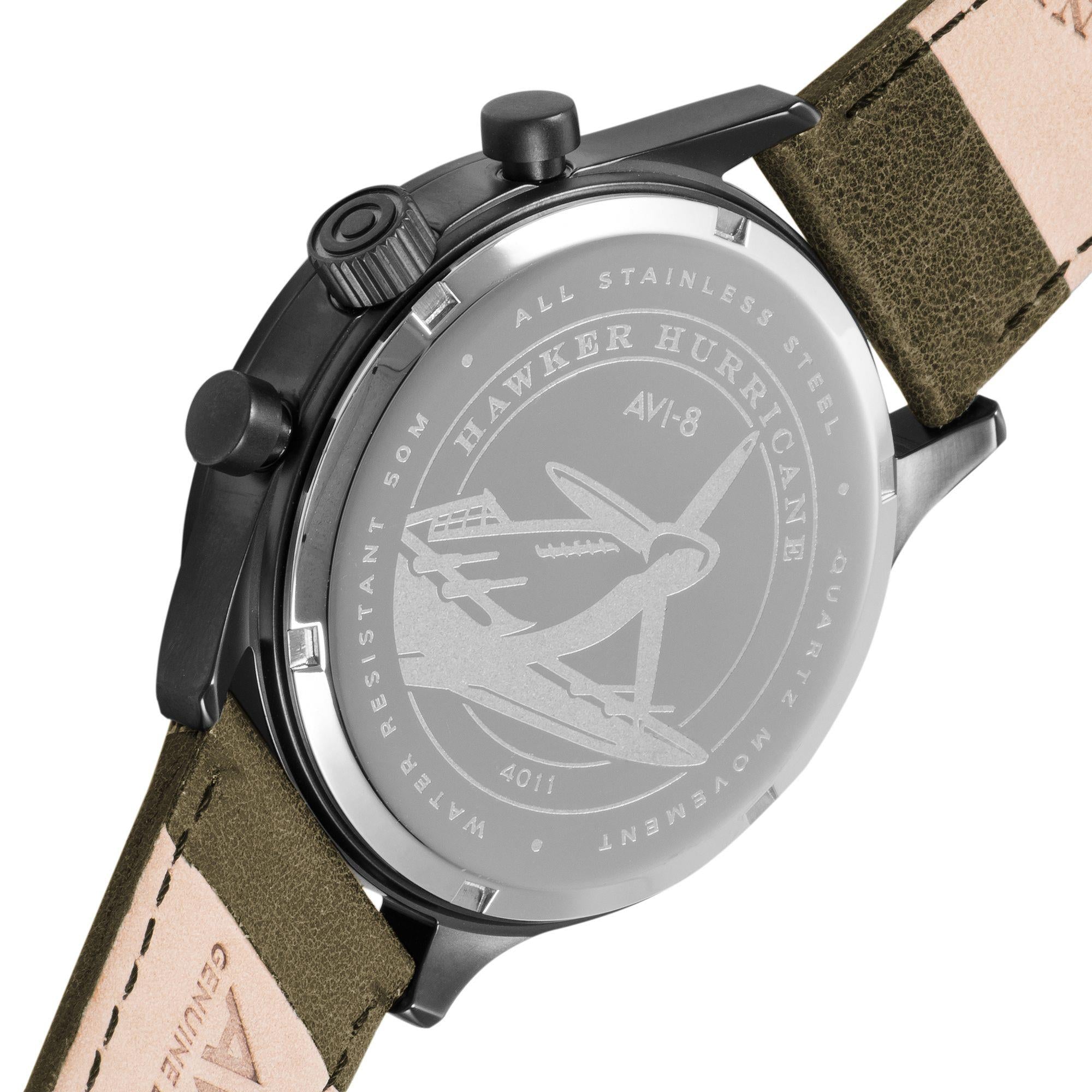 The AVI-8 Hawker Hurricane Classic Chronograph Black Dial Green Leather Strap Mens Watch AV-4011-0E