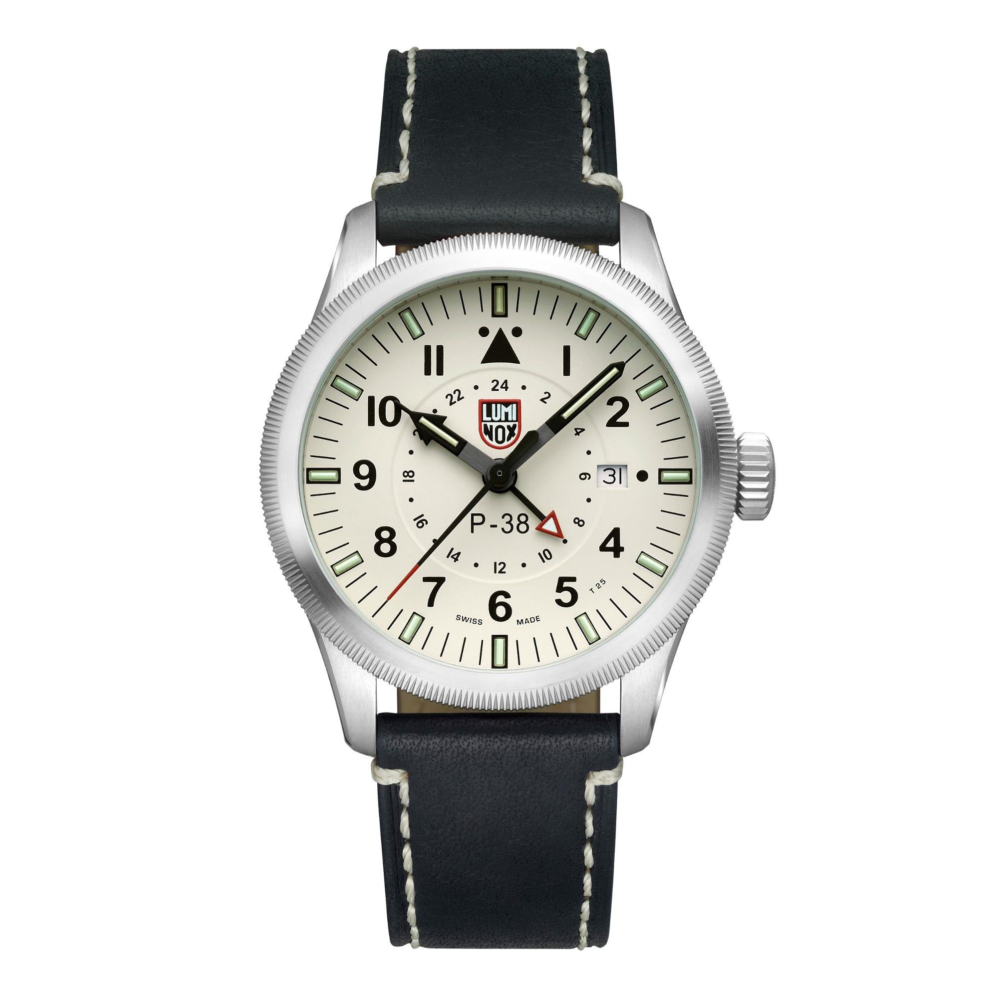 Luminox P-38 Lightning 9520 Series Cream Dial Black Leather Strap Men's Watch XA.9527