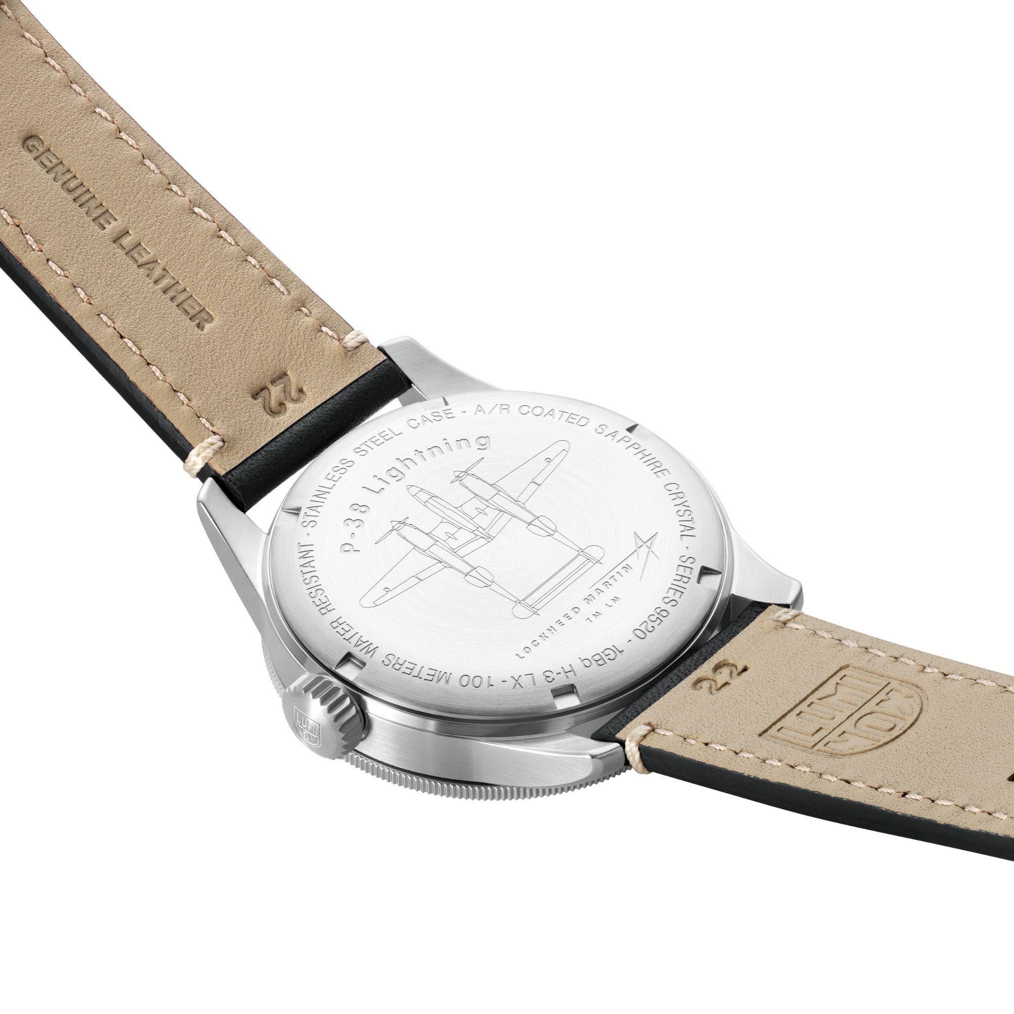 Luminox P-38 Lightning 9520 Series Cream Dial Black Leather Strap Men's Watch XA.9527