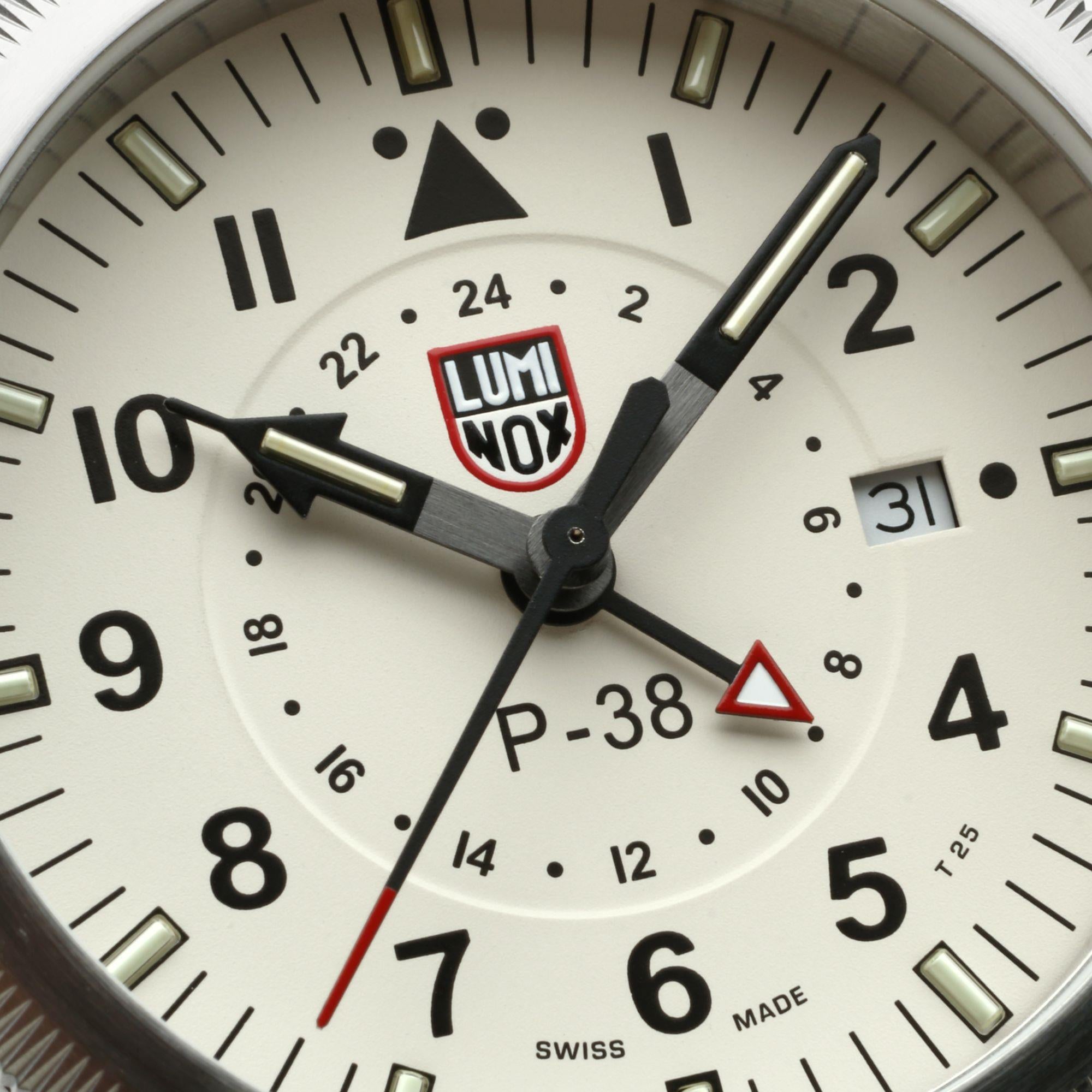 Luminox P-38 Lightning 9520 Series Cream Dial Black Leather Strap Men's Watch XA.9527