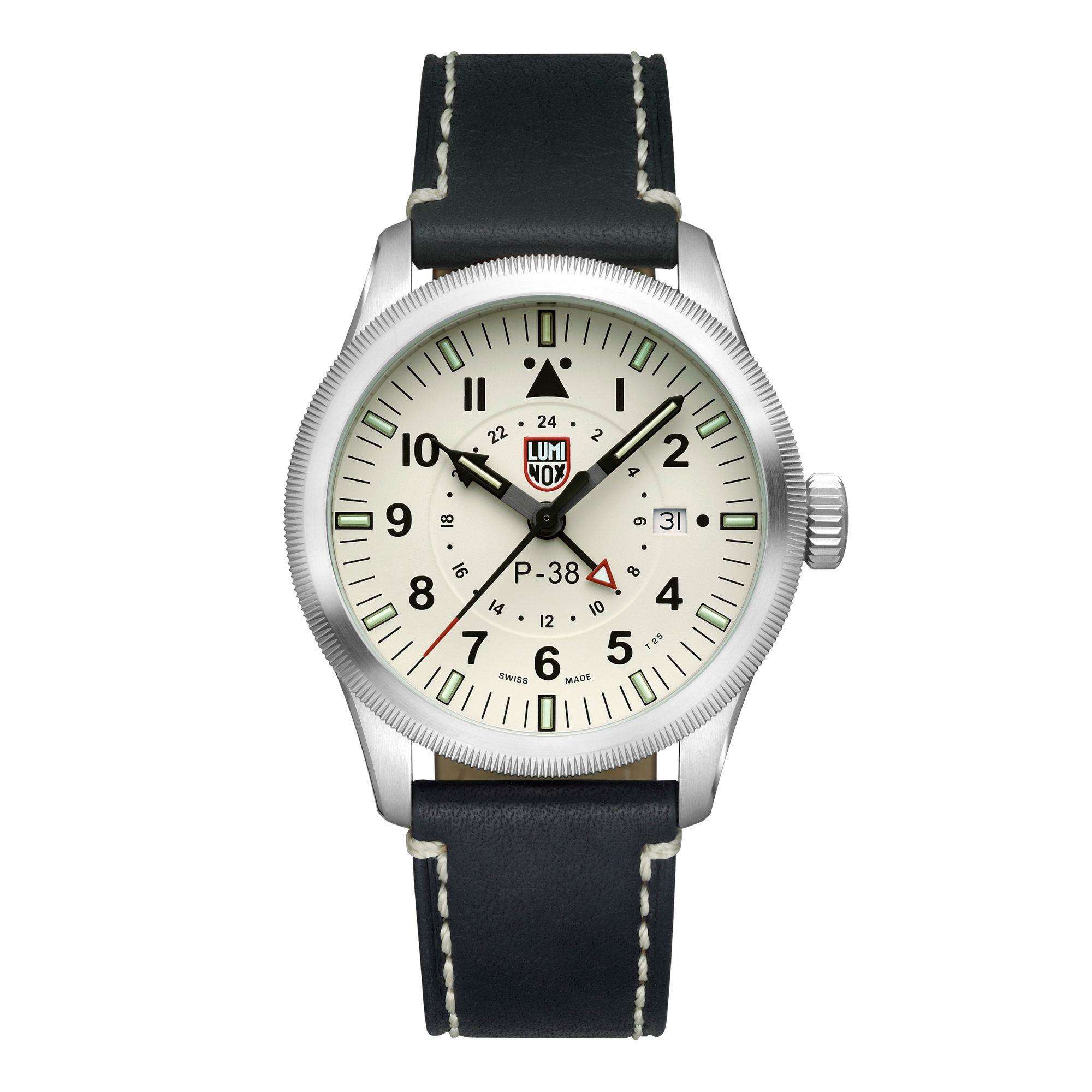 Luminox P-38 Lightning 9520 Series Cream Dial Black Leather Strap Men's Watch XA.9527
