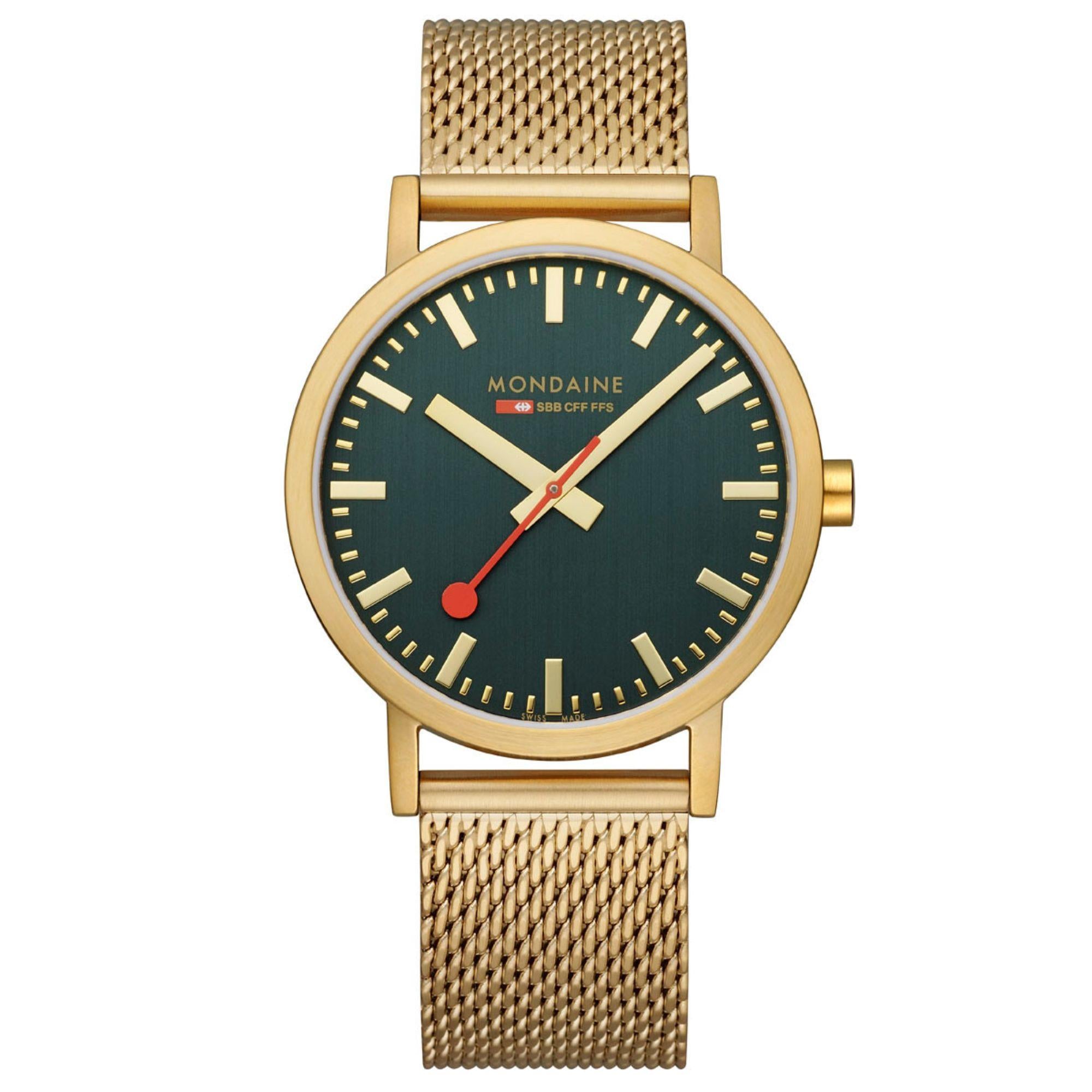 Mondaine Classic IP Gold Mesh Bracelet Green Dial Unisex Watch A660.30360.60SBM