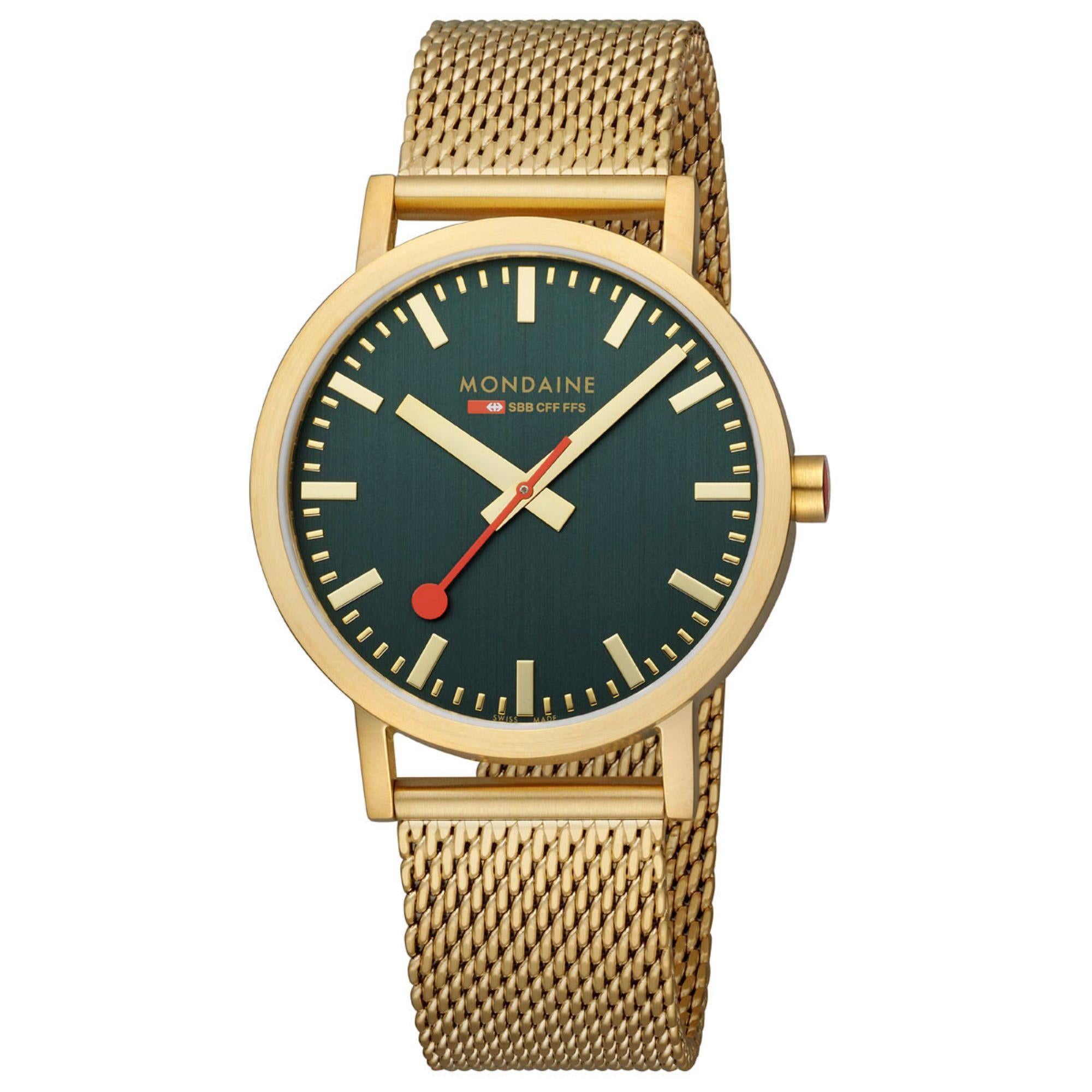 Mondaine Classic IP Gold Mesh Bracelet Green Dial Unisex Watch A660.30360.60SBM