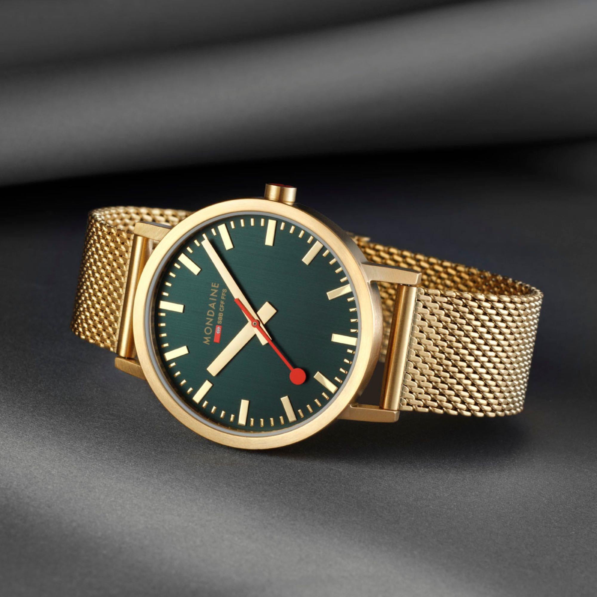 Mondaine Classic IP Gold Mesh Bracelet Green Dial Unisex Watch A660.30360.60SBM