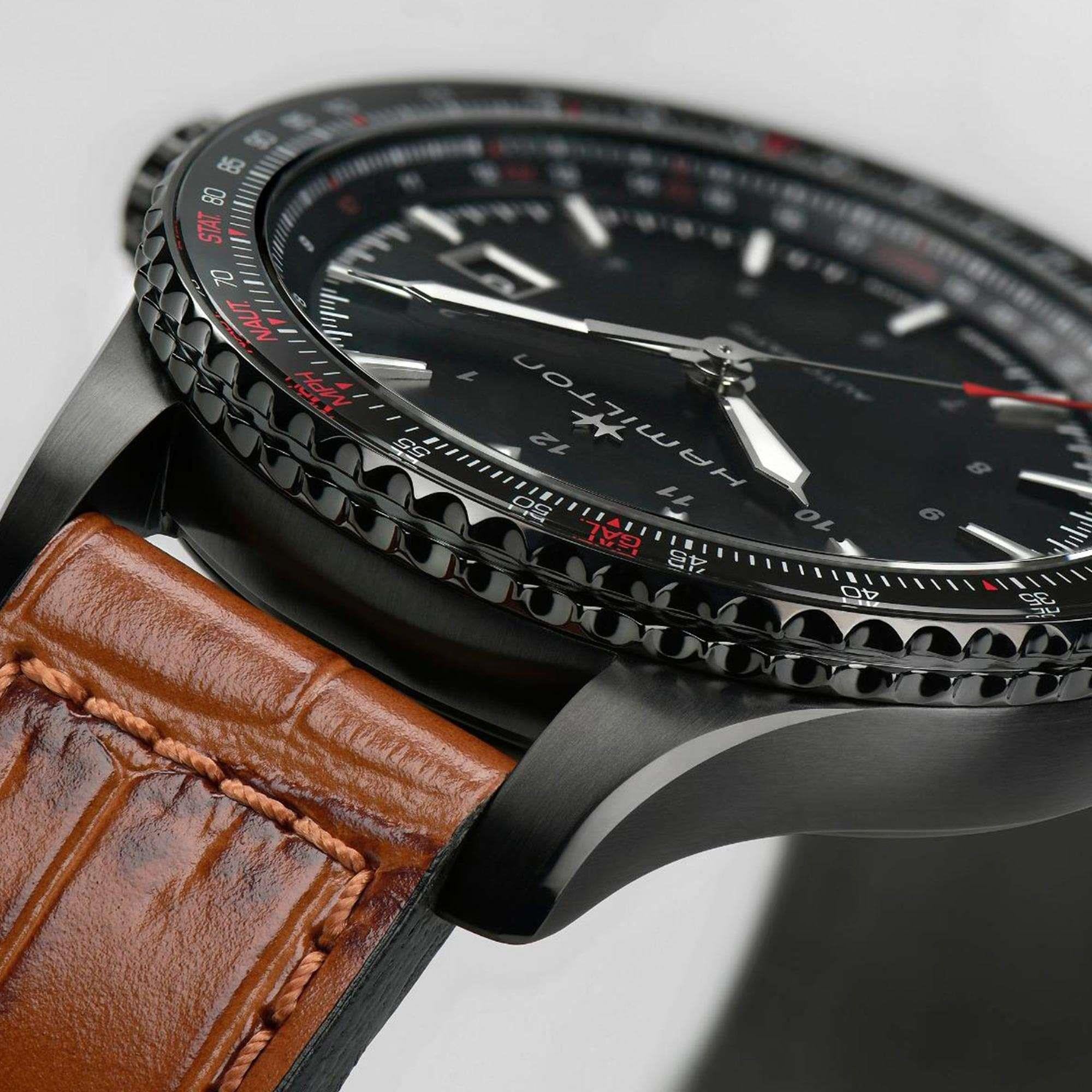 Hamilton Khaki Aviation Converter Automatic Black Dial Brown Leather Strap Men's Watch H76625530