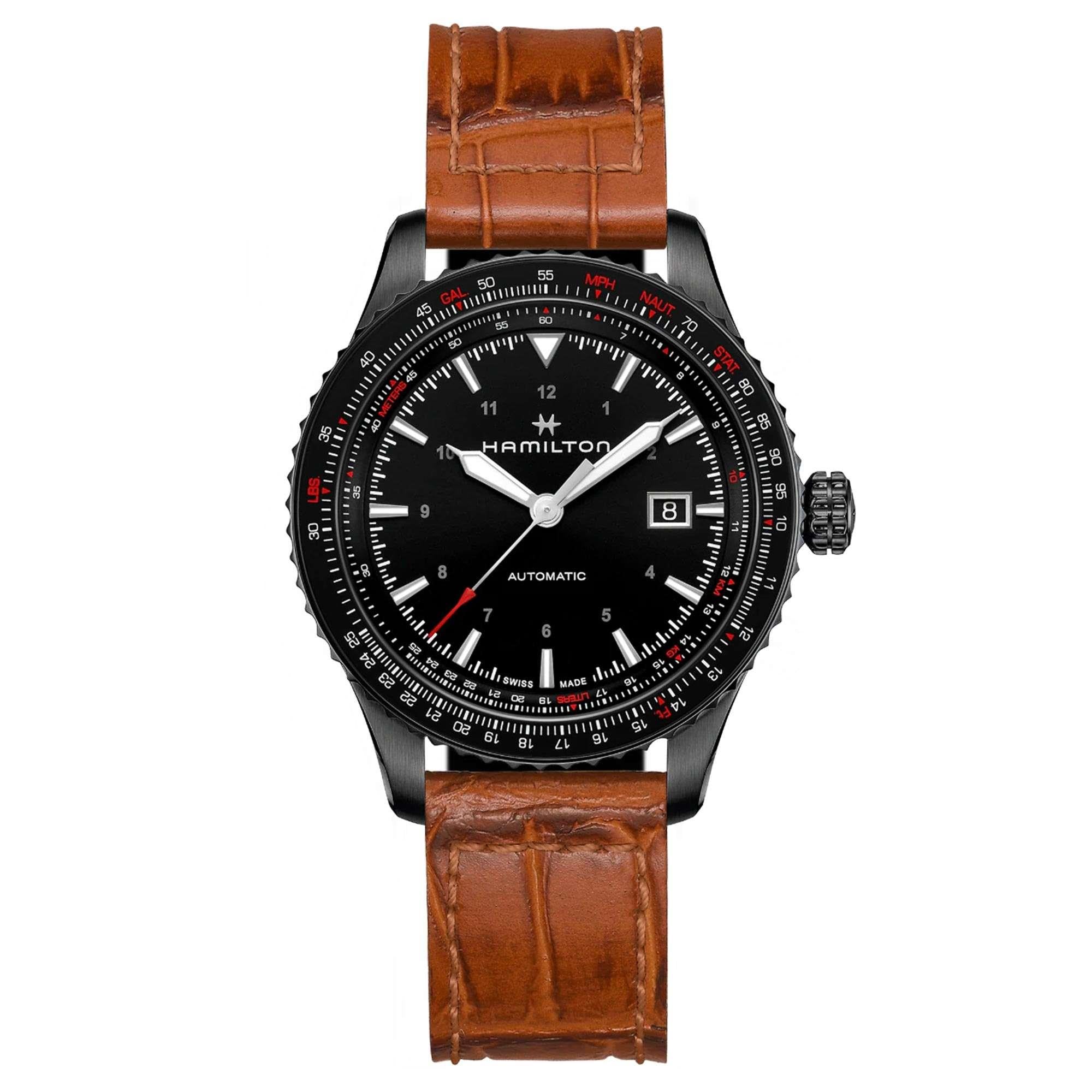 Hamilton Khaki Aviation Converter Automatic Black Dial Brown Leather Strap Men's Watch H76625530