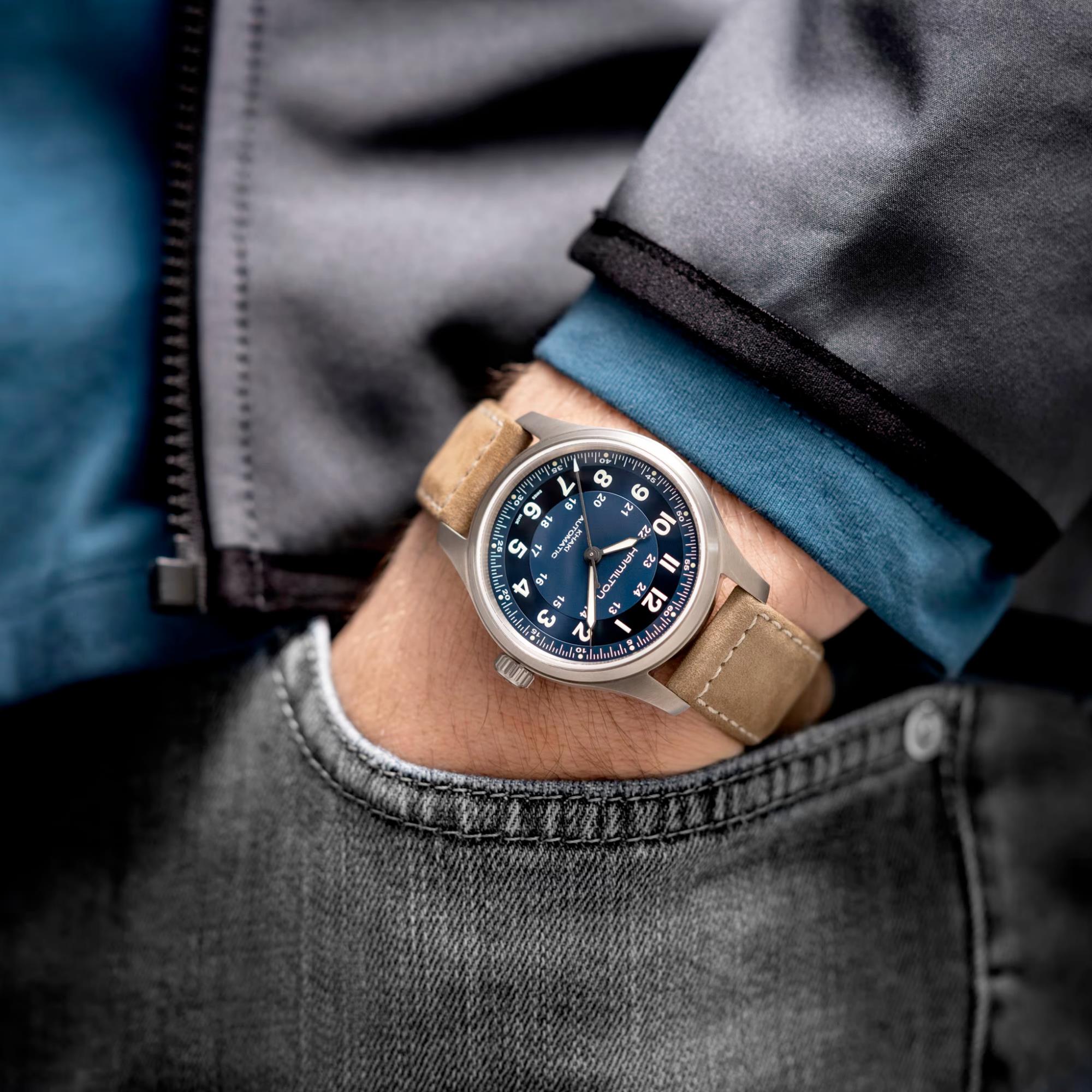 Hamilton Khaki Field Titanium Automatic Blue Dial Beige Leather Strap Men's Watch H70545540