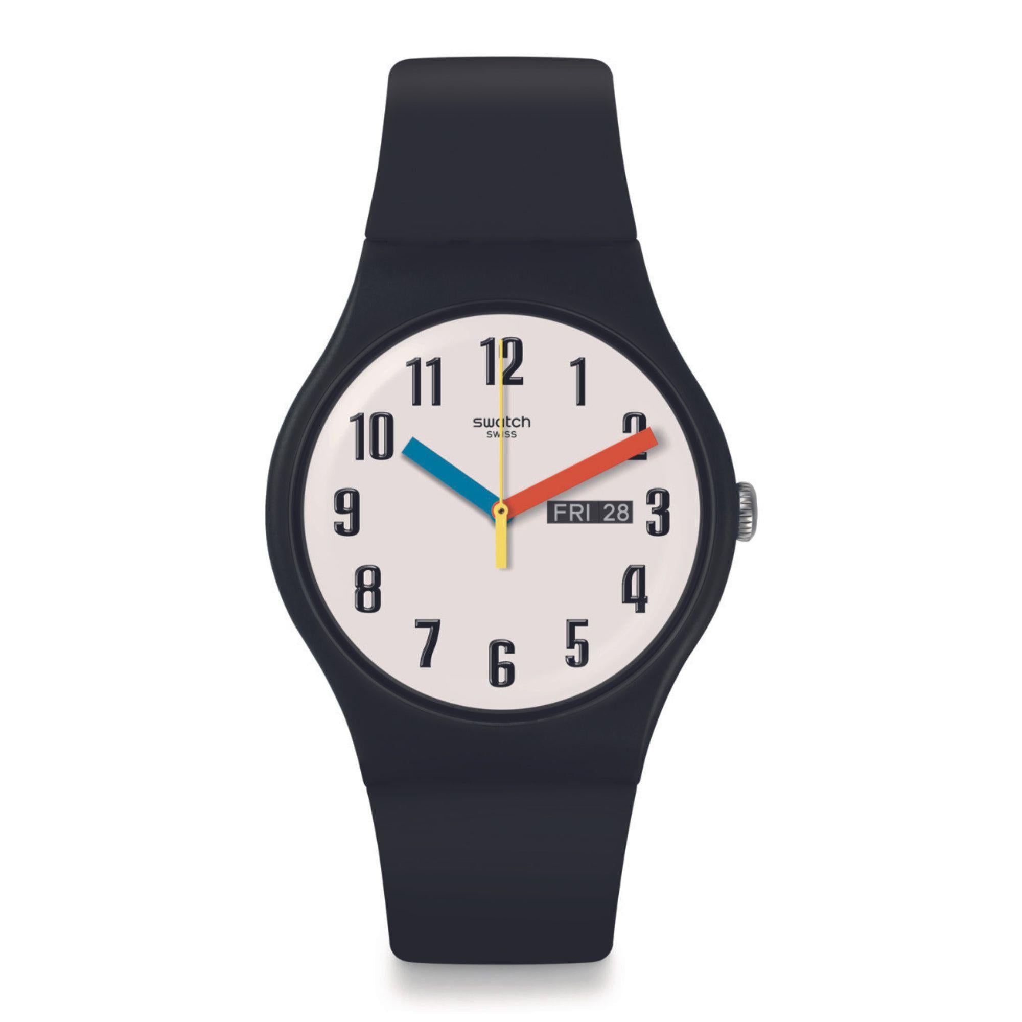 Swatch Elementary in Biosourced New Gent White Dial Black Strap Bau Unisex Watch SO29B705