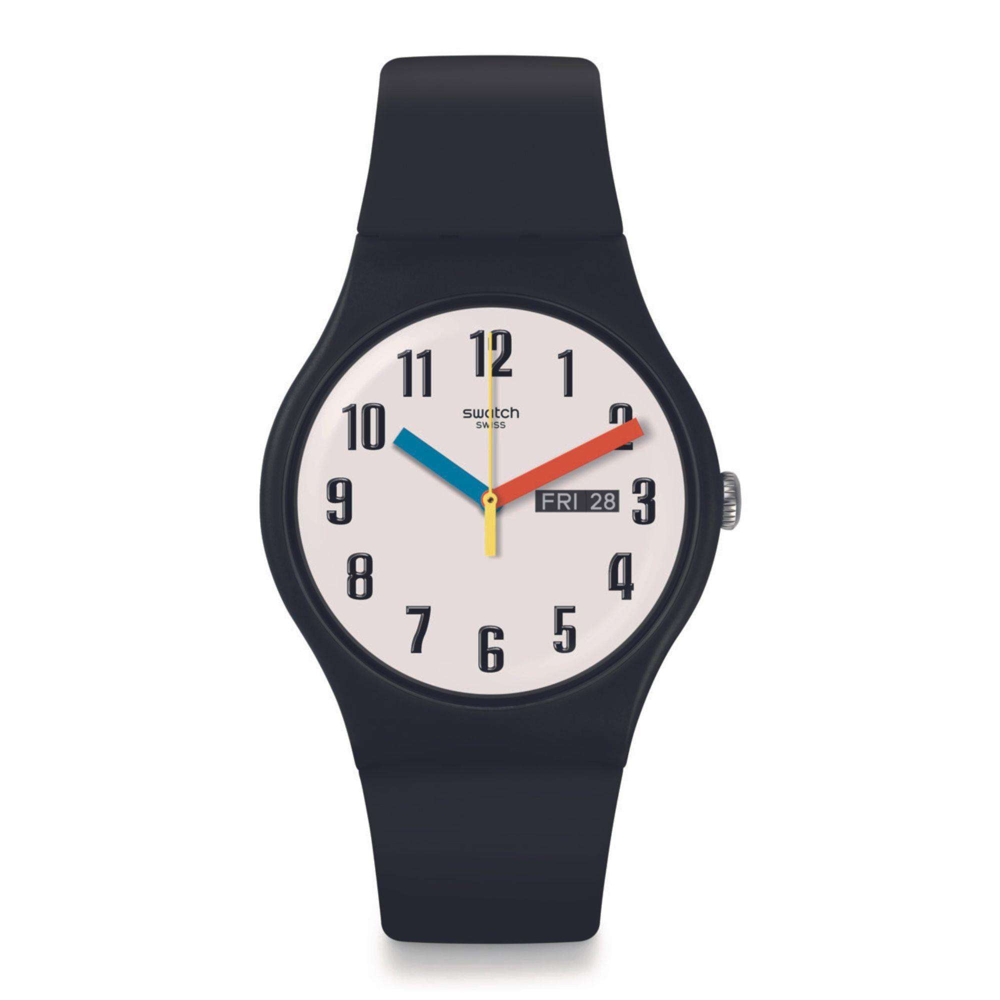 Swatch Elementary in Biosourced New Gent White Dial Black Strap Bau Unisex Watch SO29B705