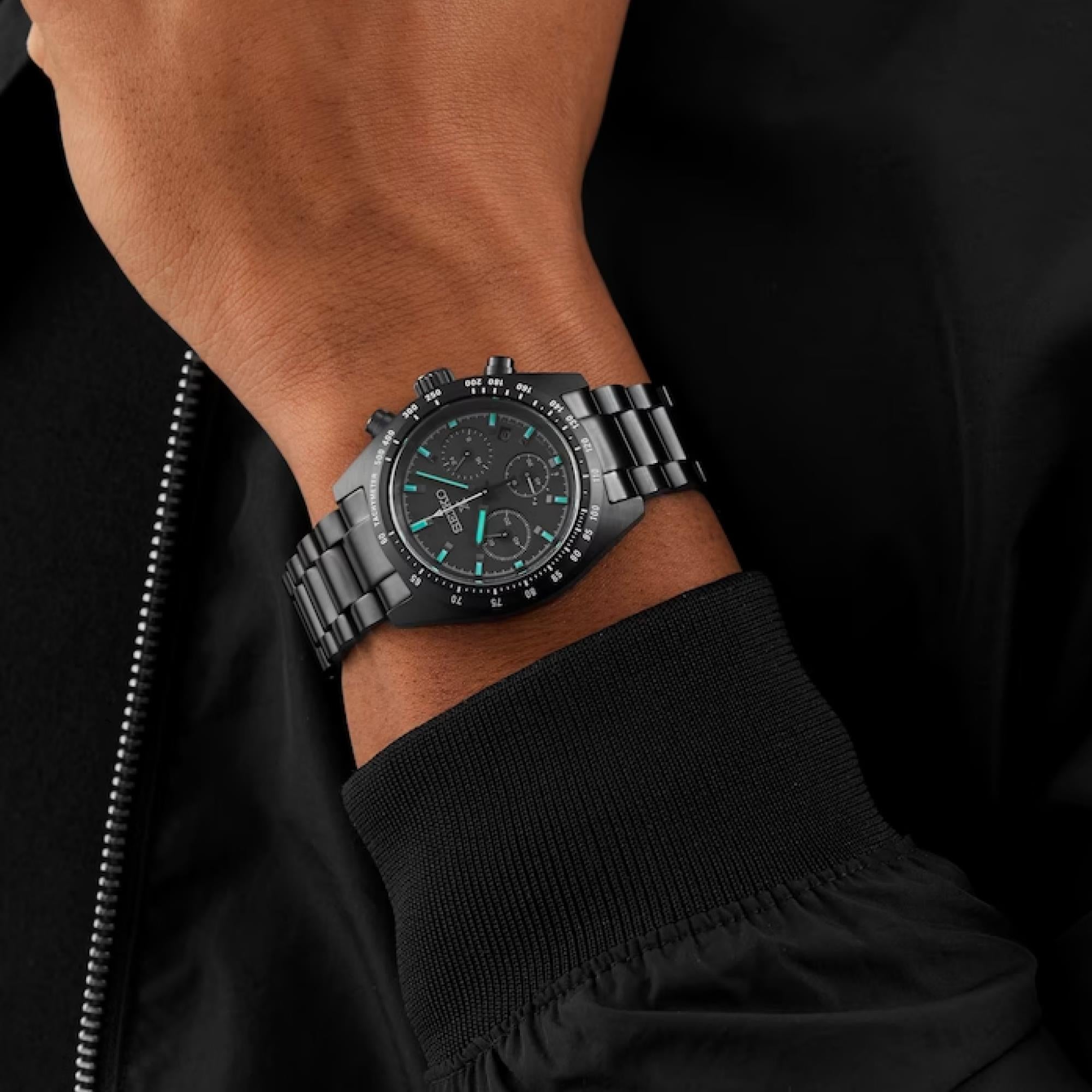 Seiko Prospex 'Black Series' Speedtimer Solar Chronograph Black Dial Steel Bracelet Men's Watch SSC917P1