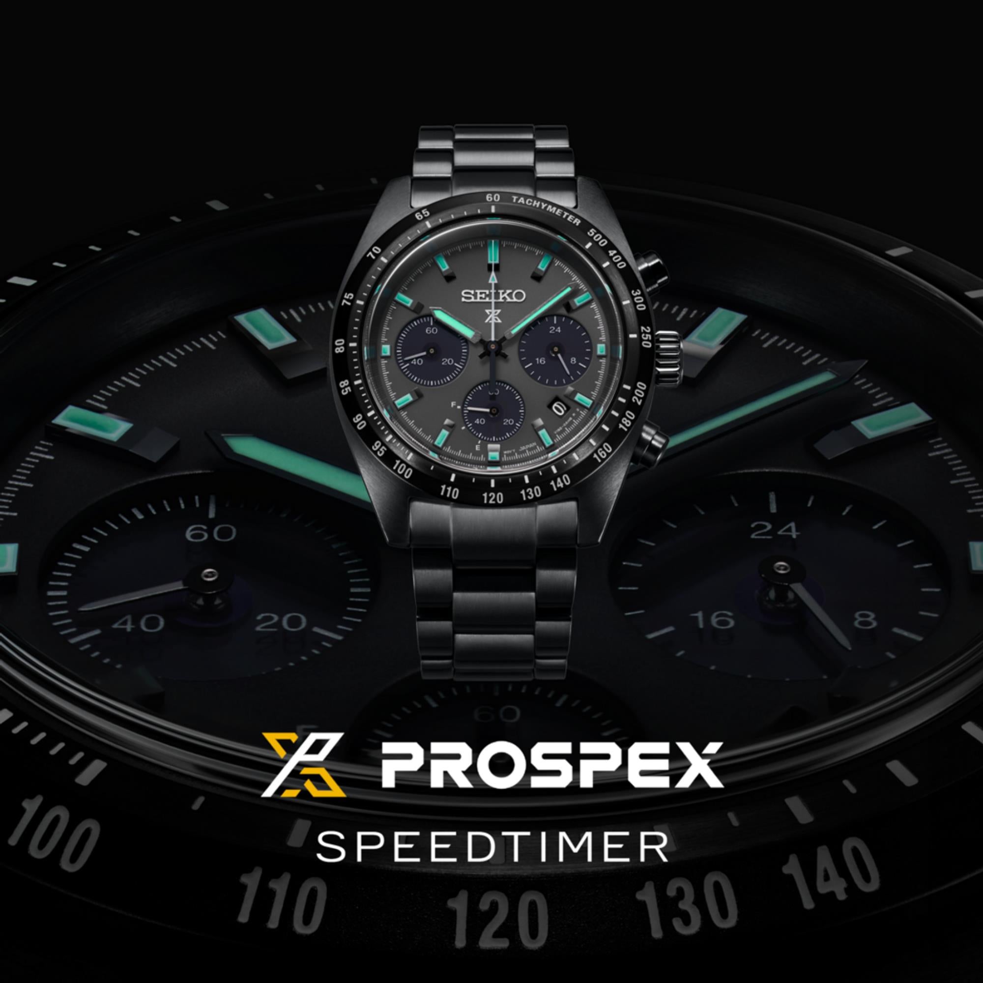 Seiko Prospex 'Black Series' Speedtimer Solar Chronograph Black Dial Steel Bracelet Men's Watch SSC917P1