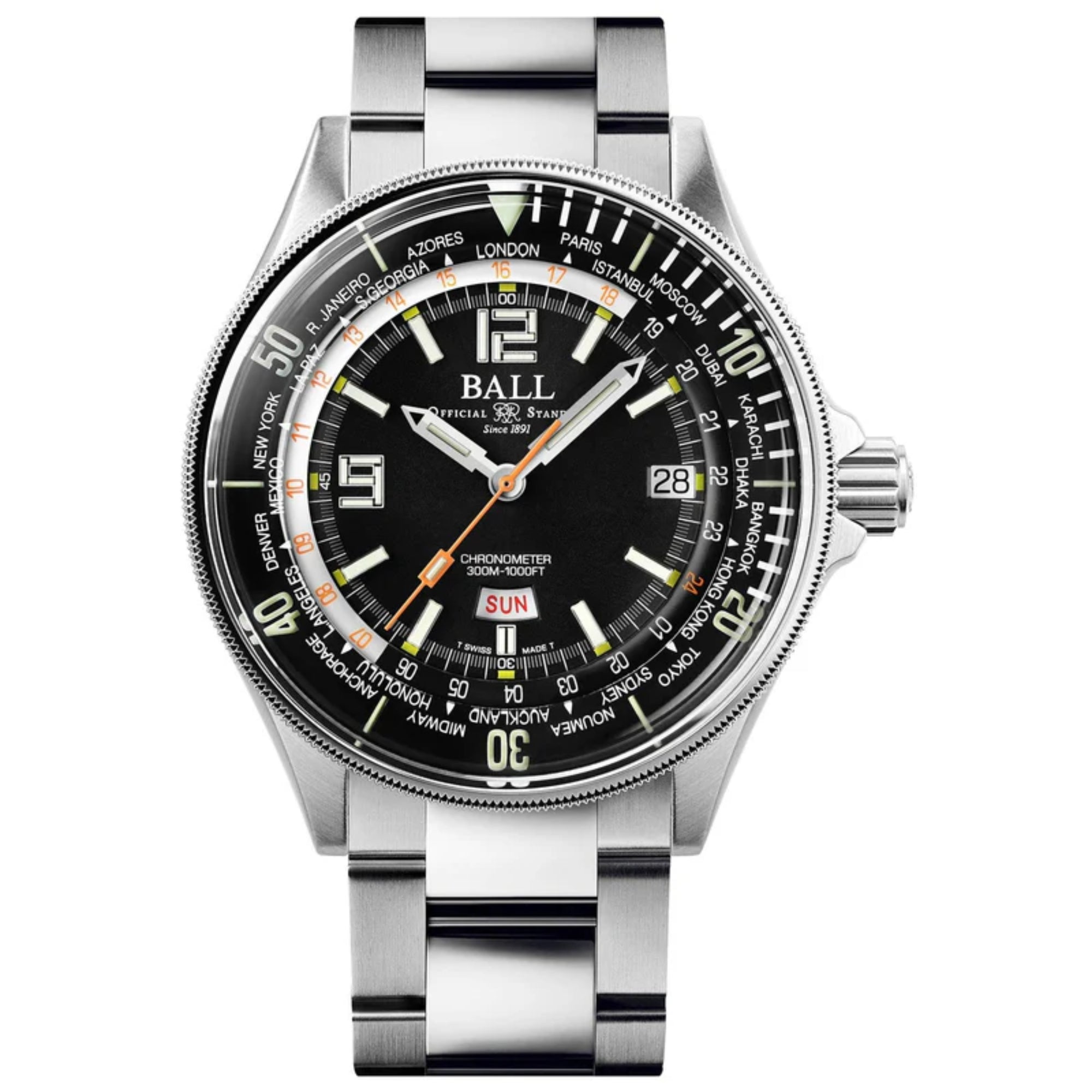 BALL Diver Worldtime Automatic Black Dial Silver Stainless Steel Bracelet Men's Watch DG2232A-SC-BK