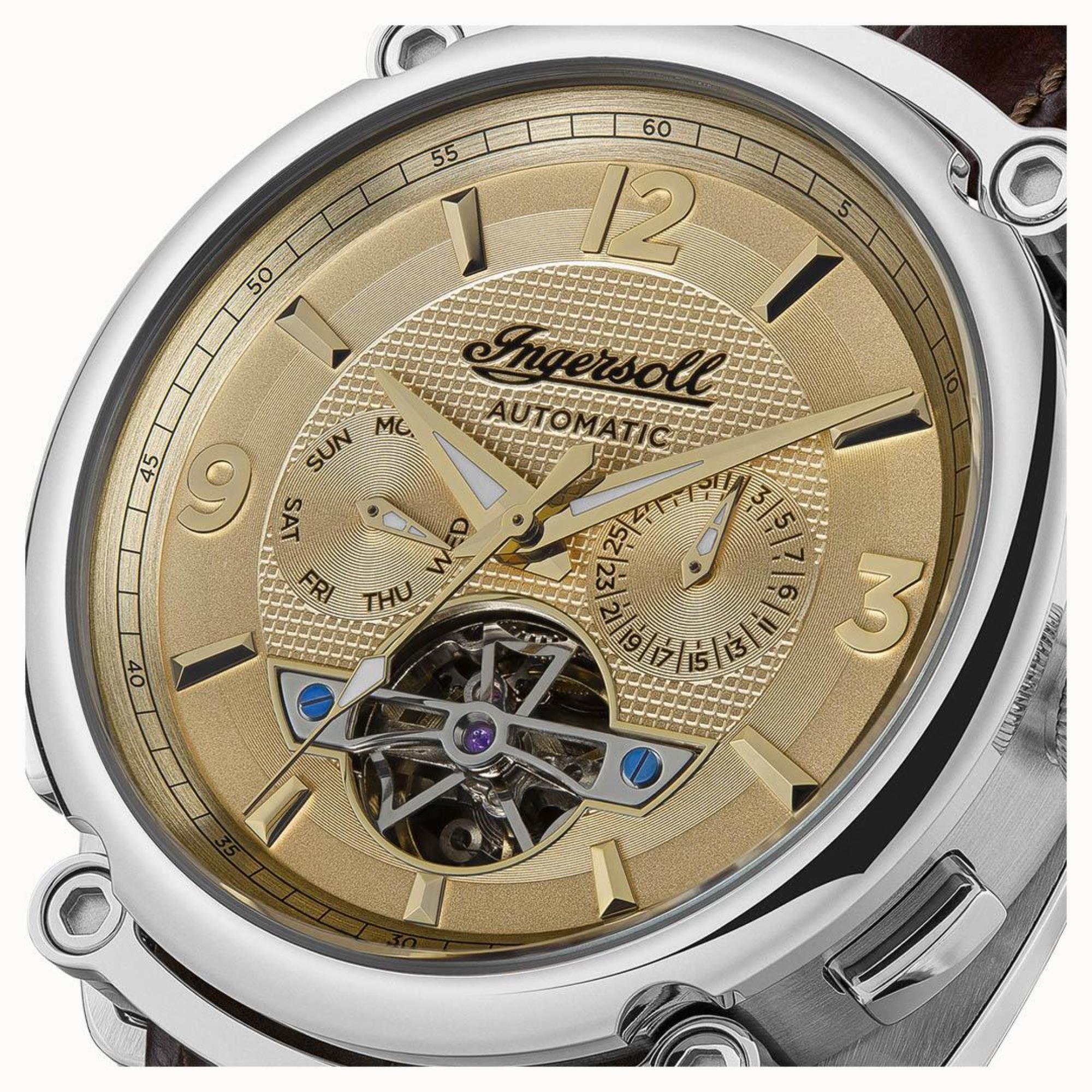 Ingersoll ‘The Michigan’ Automatic Champagne Chronograph Dial Brown Leather Strap Men's Watch I01108