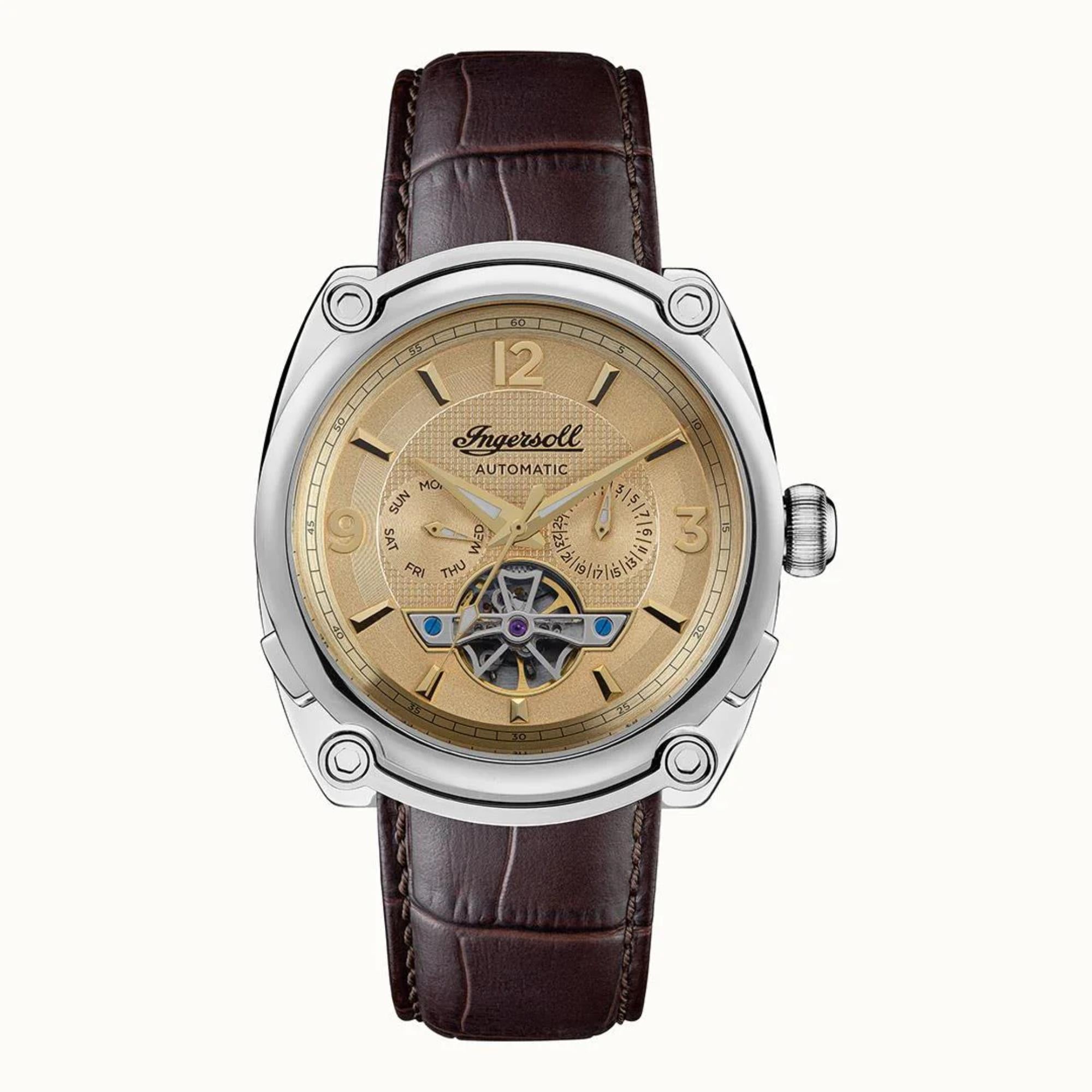 Ingersoll ‘The Michigan’ Automatic Champagne Chronograph Dial Brown Leather Strap Men's Watch I01108