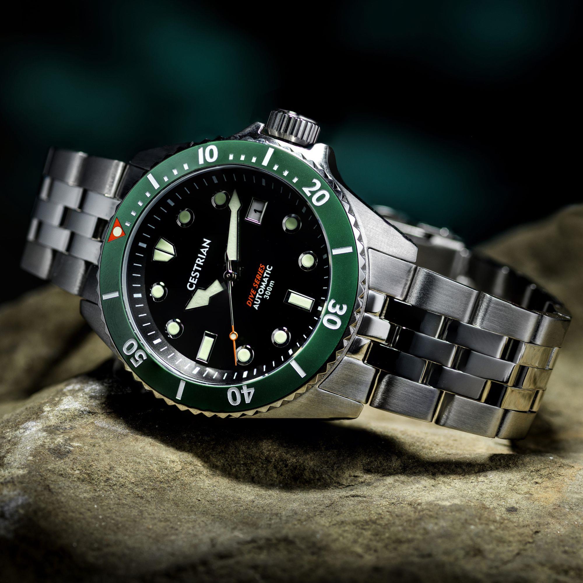 Cestrian Dive Series Black Dial Green Ceramic Bezel Steel Bracelet Automatic Men's Watch CD111B0773V1
