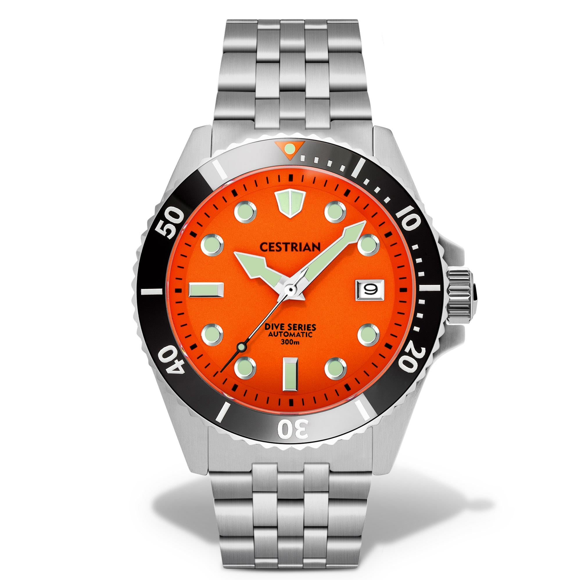 Cestrian Dive Series V2 Tiger Orange Dial Black Ceramic Bezel Steel Bracelet Automatic Men's Watch CD811B0771
