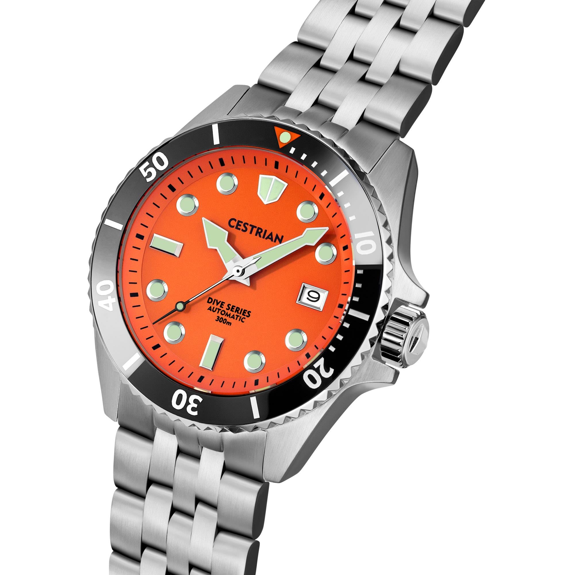 Cestrian Dive Series V2 Tiger Orange Dial Black Ceramic Bezel Steel Bracelet Automatic Men's Watch CD811B0771
