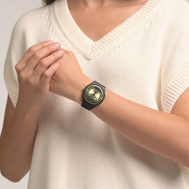 Swatch Leafy Line Green Dial Black Silicone Strap Unisex Watch SO32B117