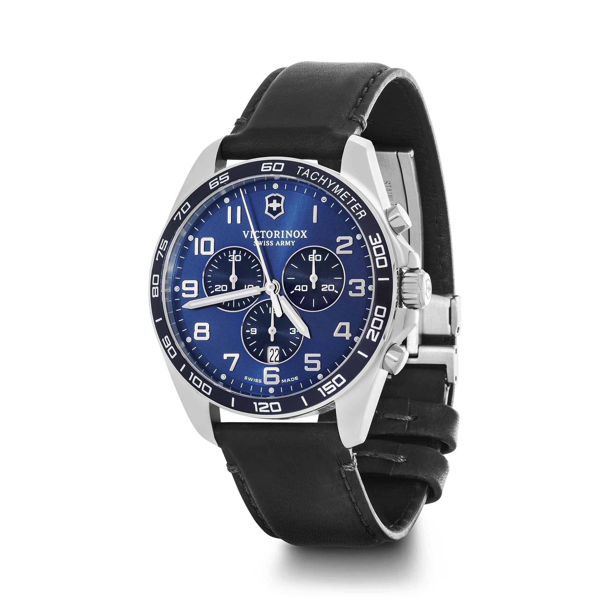Victorinox FieldForce Classic Chrono Blue Dial Black Leather Strap Men's Watch 241929