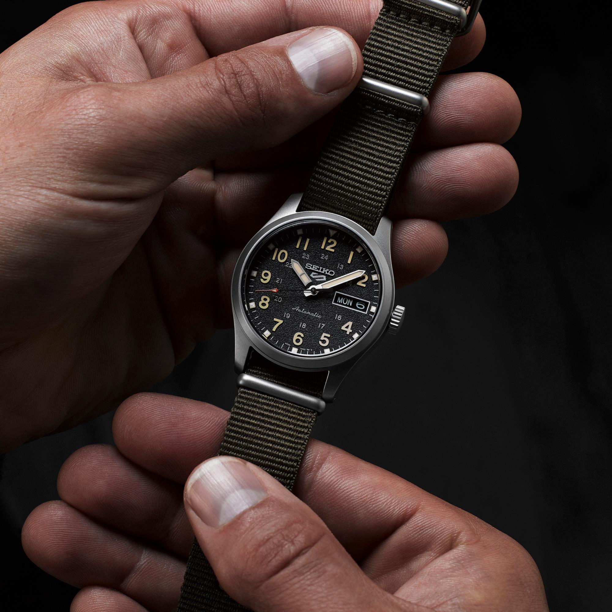 Seiko 5 Sports 'Green Zone' Midfield Automatic Black Dial Green NATO Strap Watch SRPJ85K1