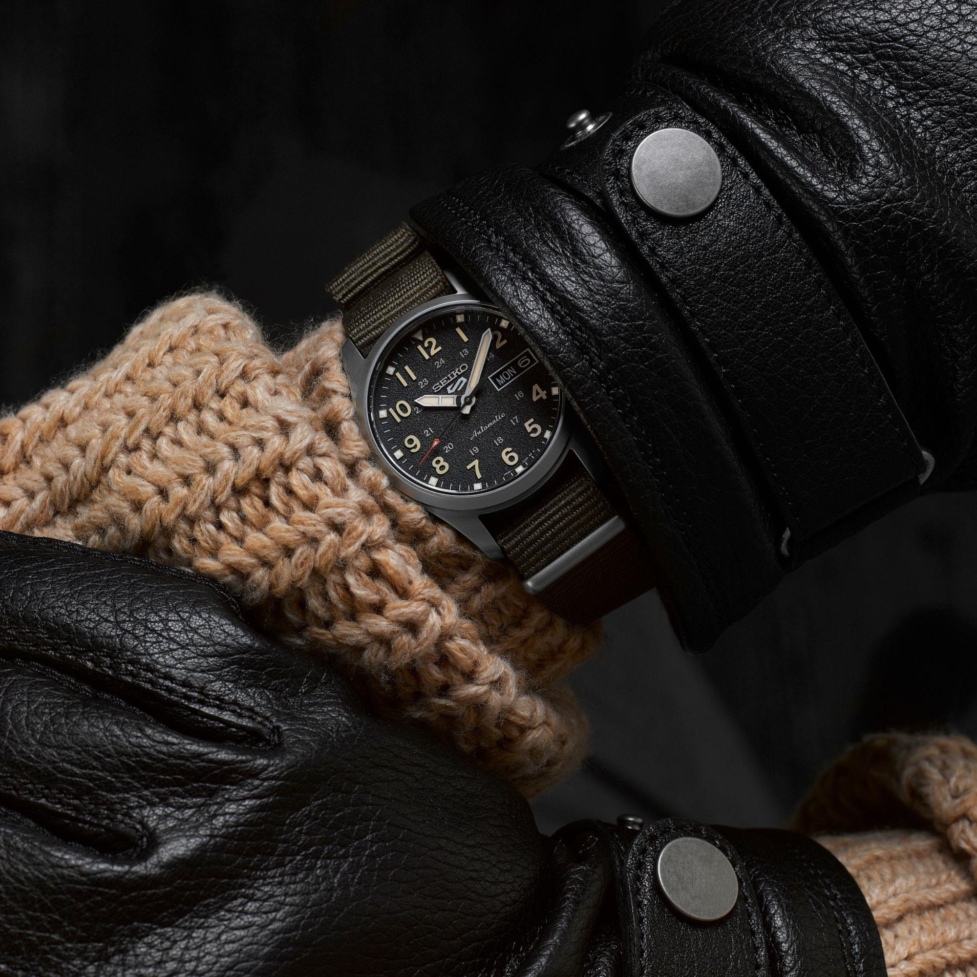 Seiko 5 Sports 'Green Zone' Midfield Automatic Black Dial Green NATO Strap Watch SRPJ85K1