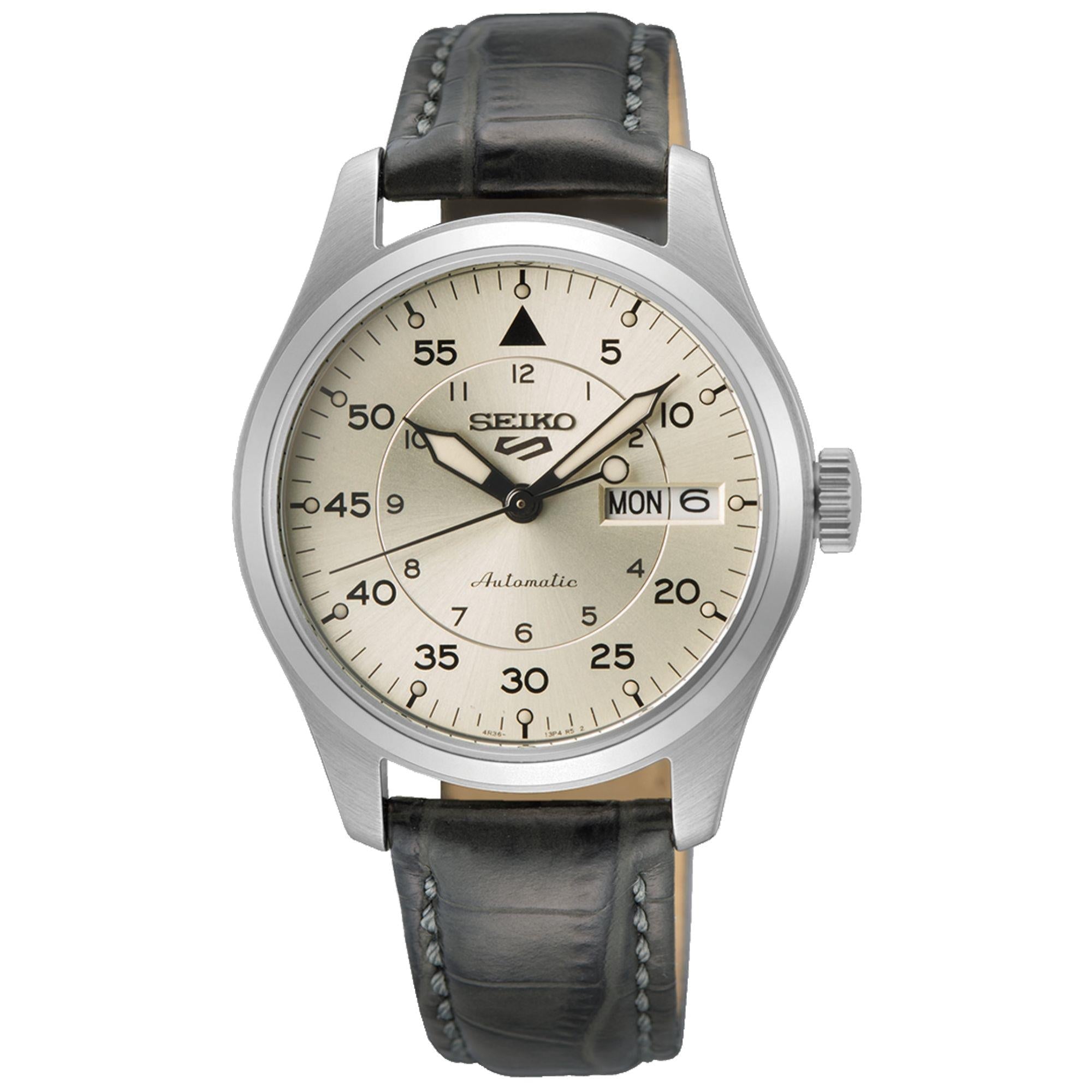 Seiko 5 Sports 'Champagne Flieger' Pilot/Aviation Style Automatic Champagne Dial Leather Strap Watch SRPJ87K1