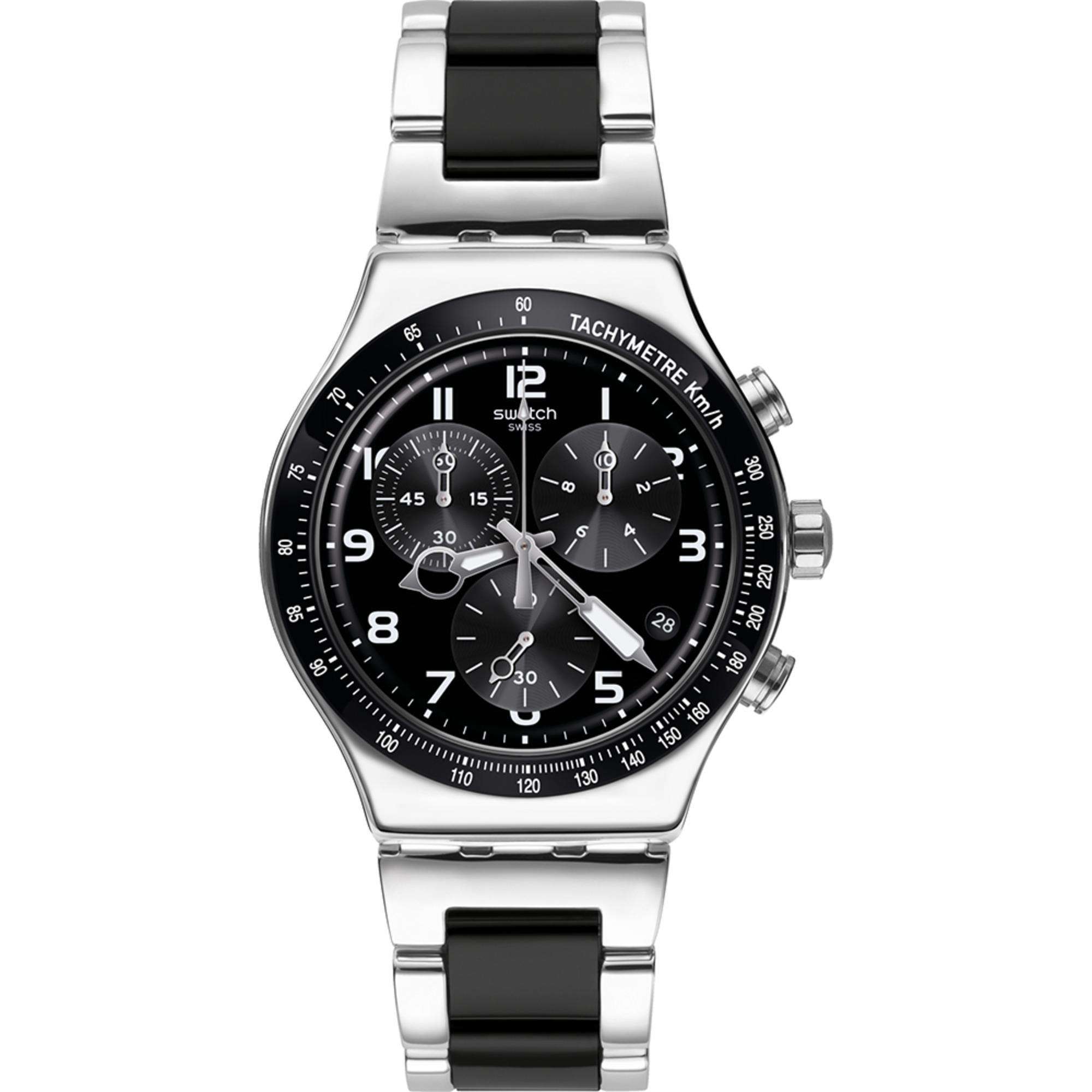 Swatch watch with black face and silver case on a white background