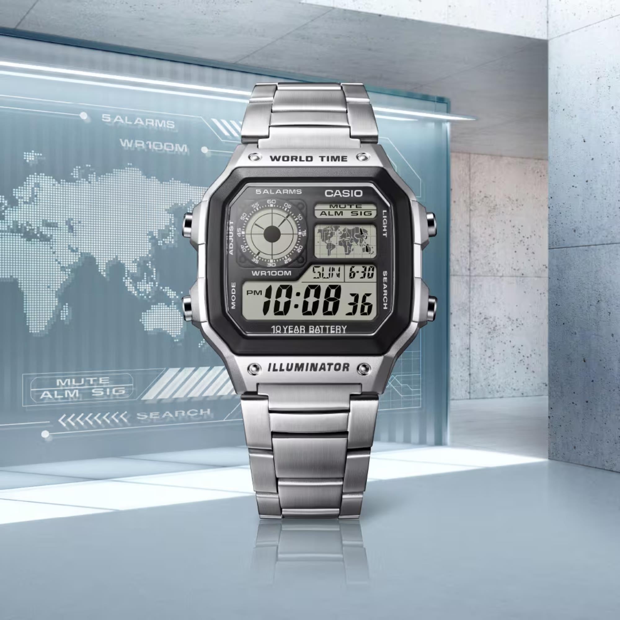 Casio Vintage World Timer Quartz Digital Steel Strap Men's Watch AE-1200WHD-1AVEF