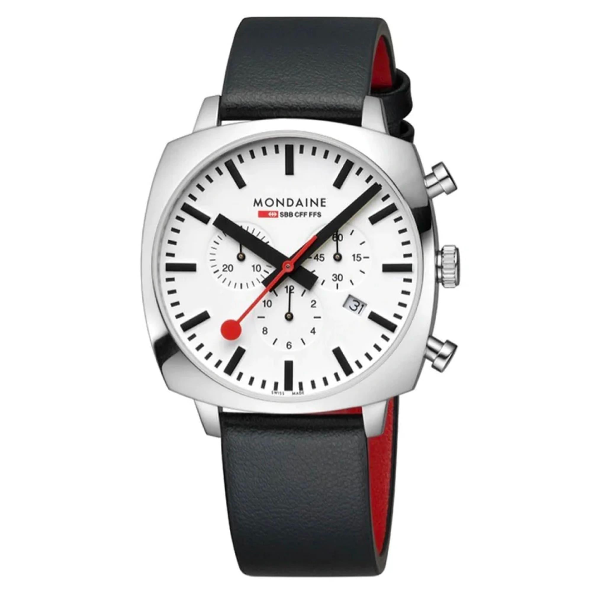 Mondaine Grand Cushion Chronograph Quartz White Dial Leather Strap Men's Watch MSL.41410.LBV.SET