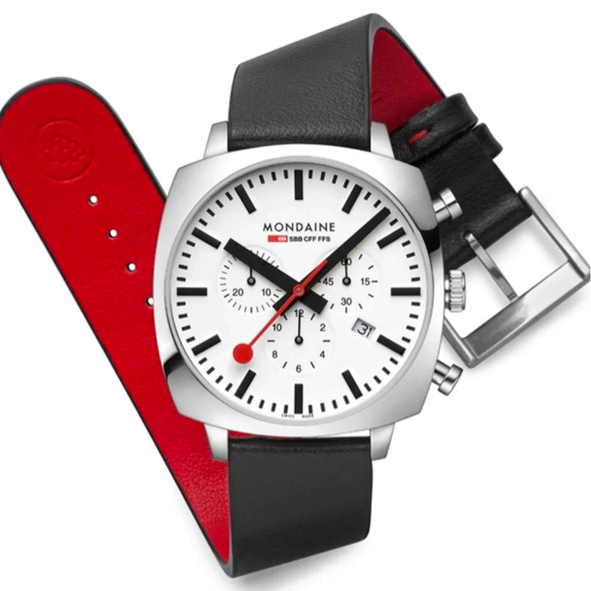 Mondaine Grand Cushion Chronograph Quartz White Dial Leather Strap Men's Watch MSL.41410.LBV.SET