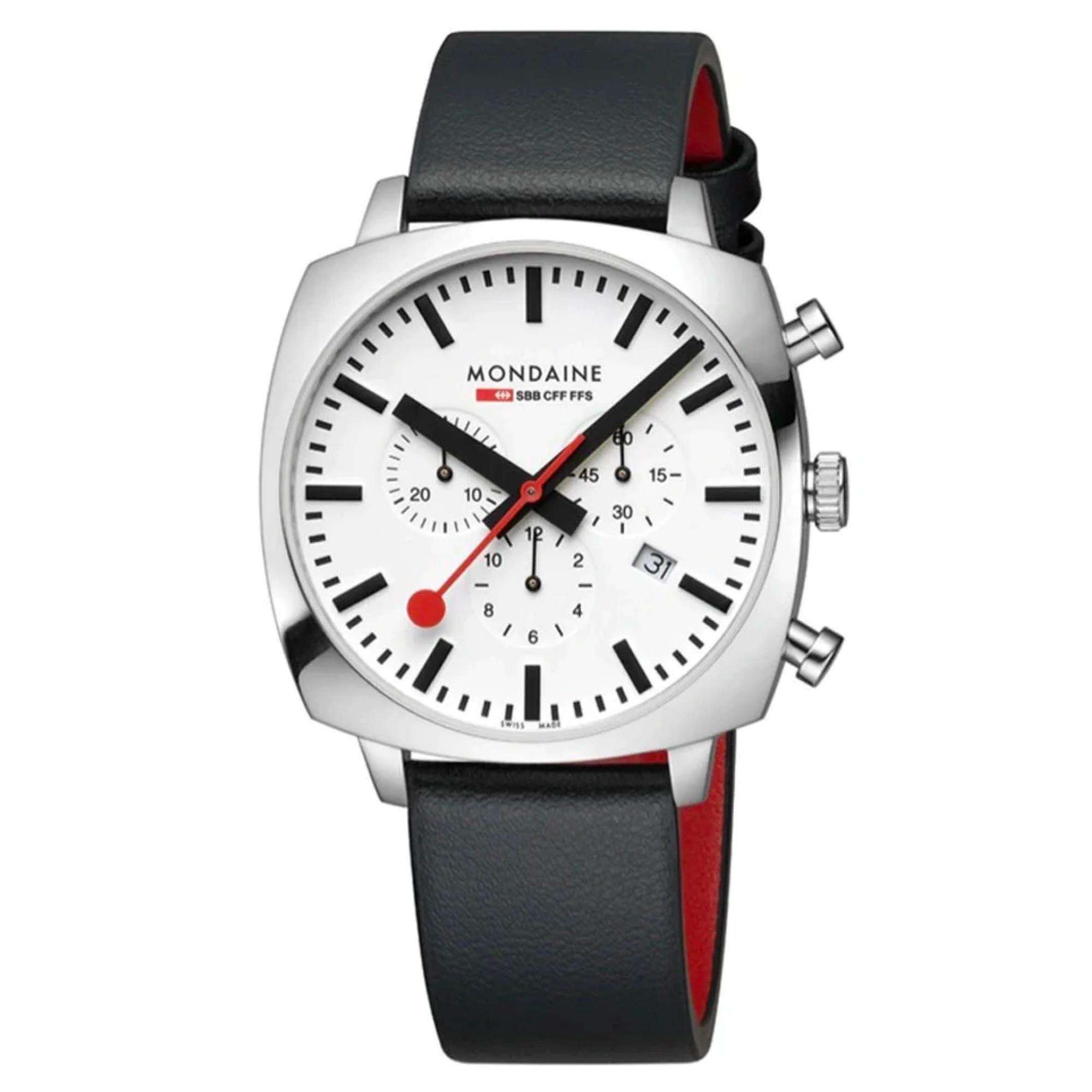Mondaine Grand Cushion Chronograph Quartz White Dial Leather Strap Men's Watch MSL.41410.LBV.SET