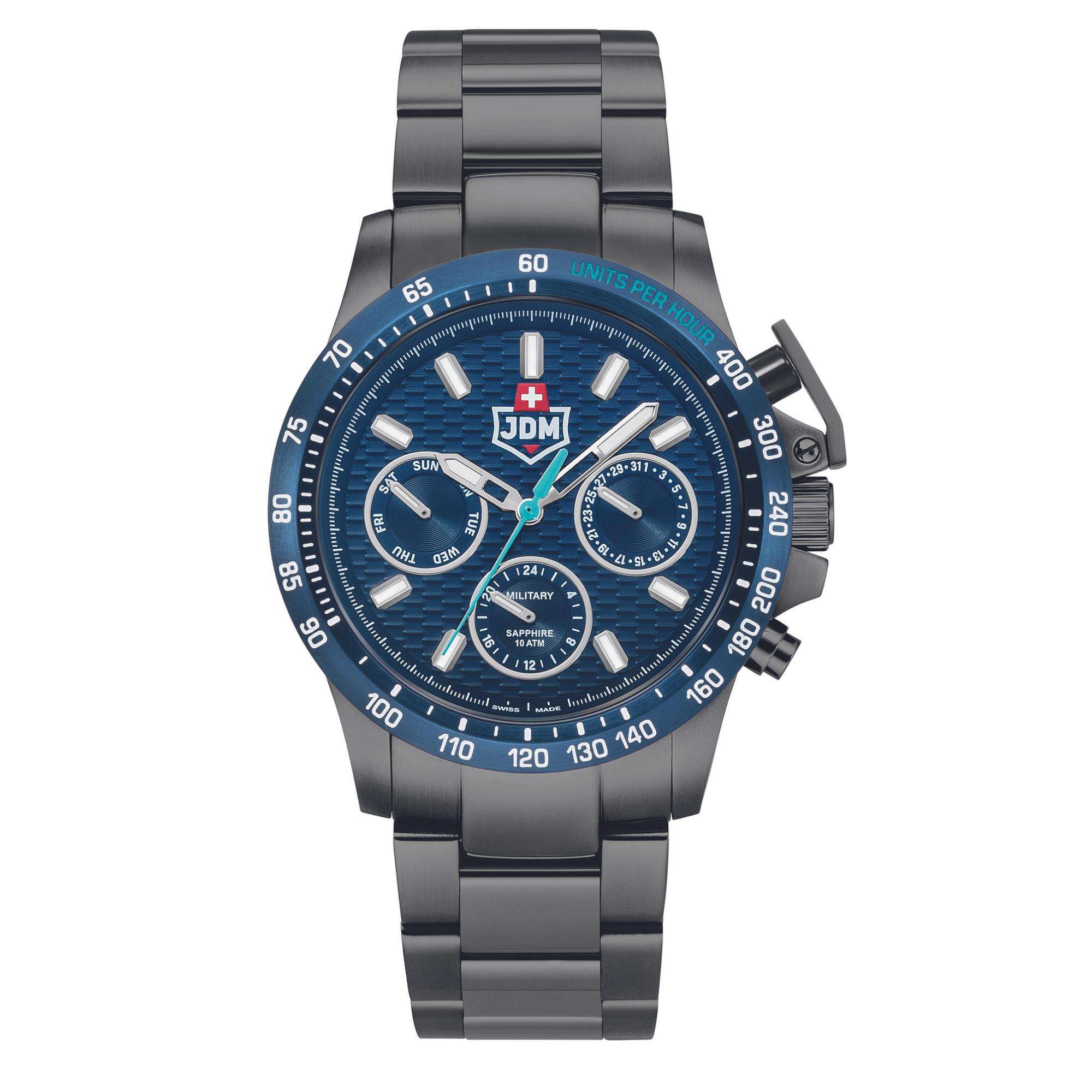 JDM Military Charlie Blue Dial Gun IP Steel Bracelet Men's Watch JDM-WG016-03