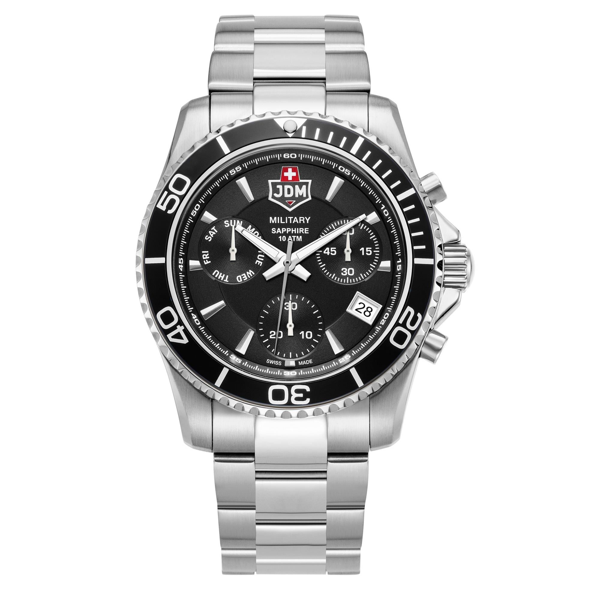 JDM Military Sierra Chrono Black Dial Steel Bracelet Men's Watch JDM-WG019-01