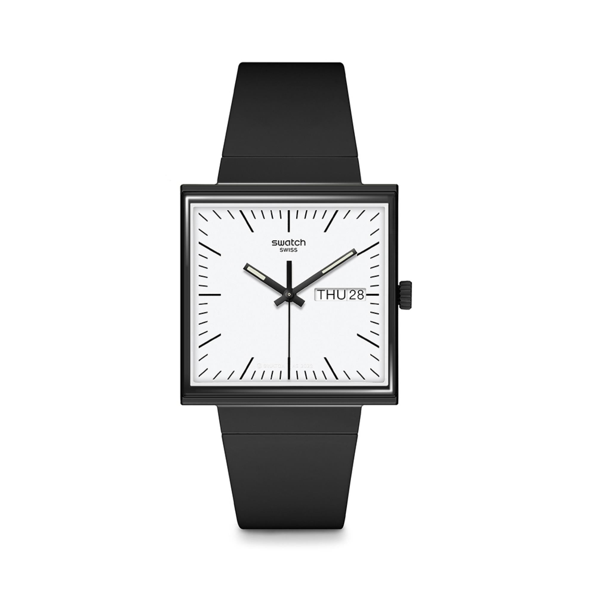 Swatch WHAT IF...BLACK? Square Bioceramic White Dial Unisex Watch SO34B700