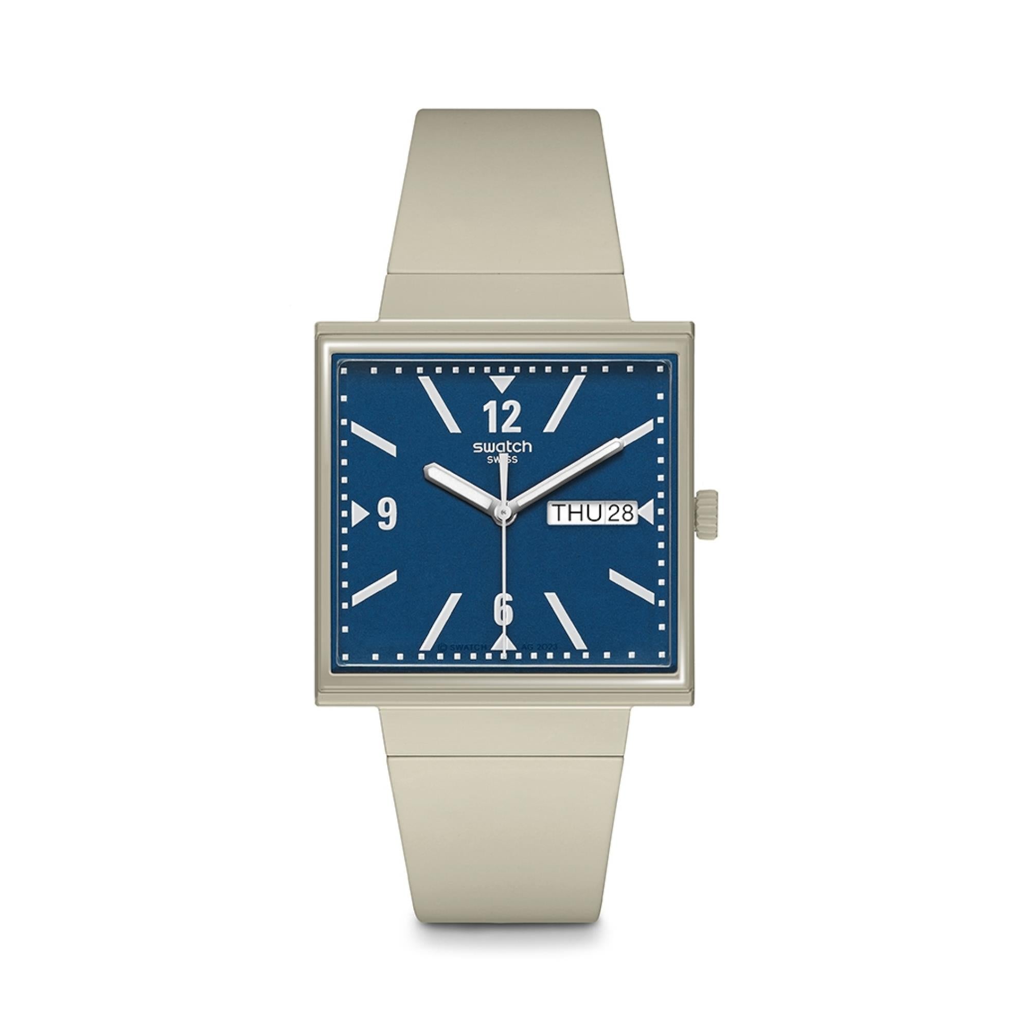 Swatch WHAT IF...BEIGE? Square Bioceramic Blue Dial Unisex Watch SO34T700