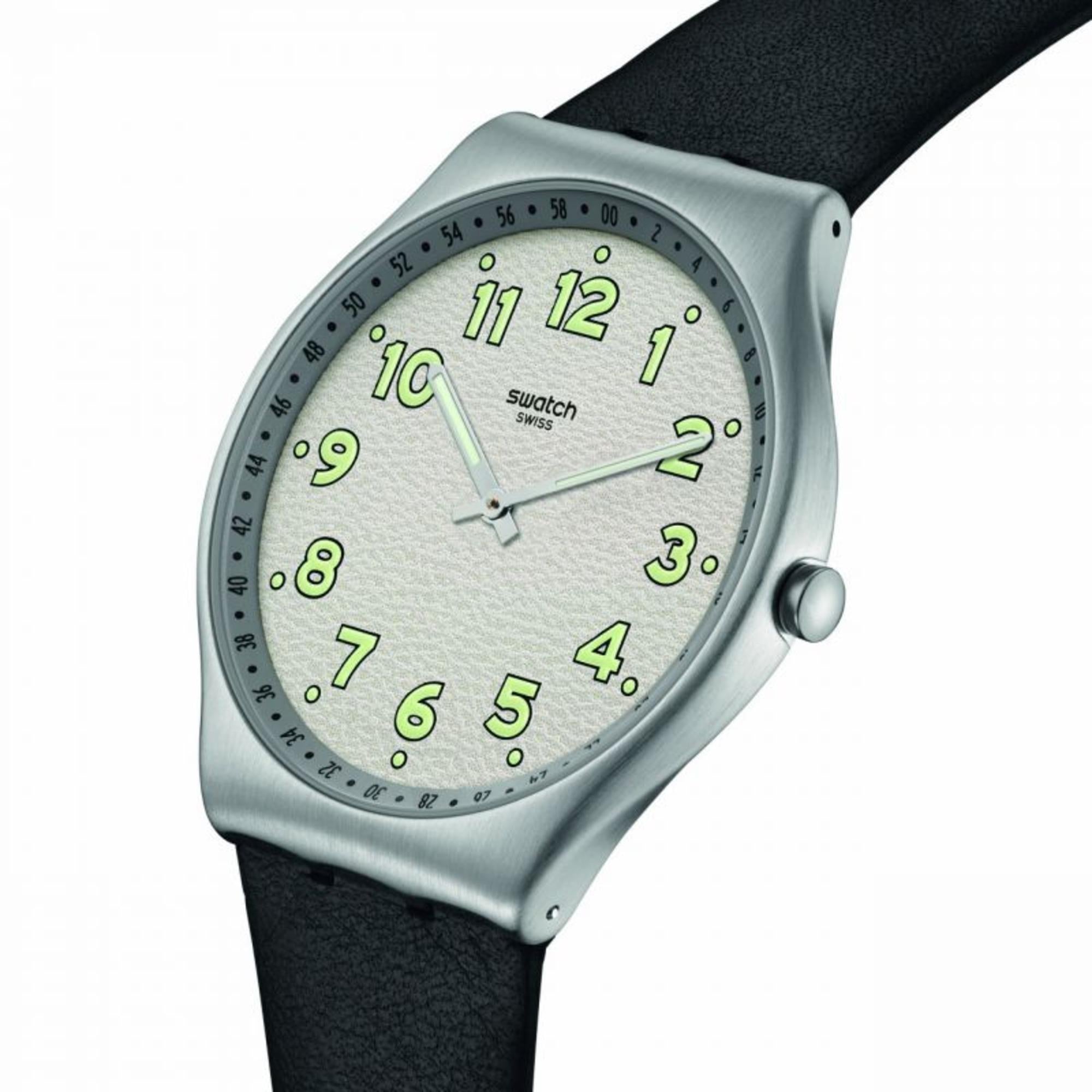 Swatch Black Hepcat Black Leather Strap White Dial Steel Case Unisex Watch SS07S134
