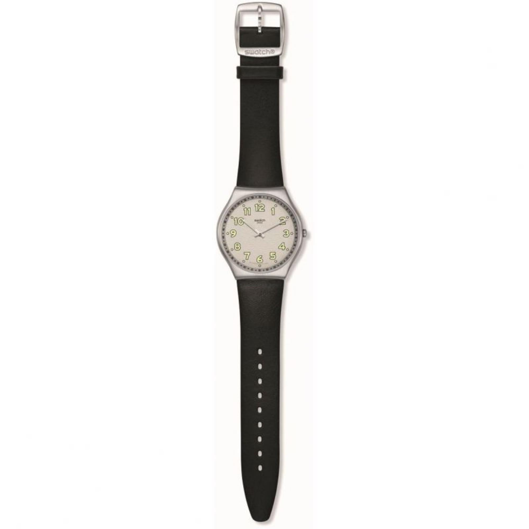 Swatch Black Hepcat Black Leather Strap White Dial Steel Case Unisex Watch SS07S134