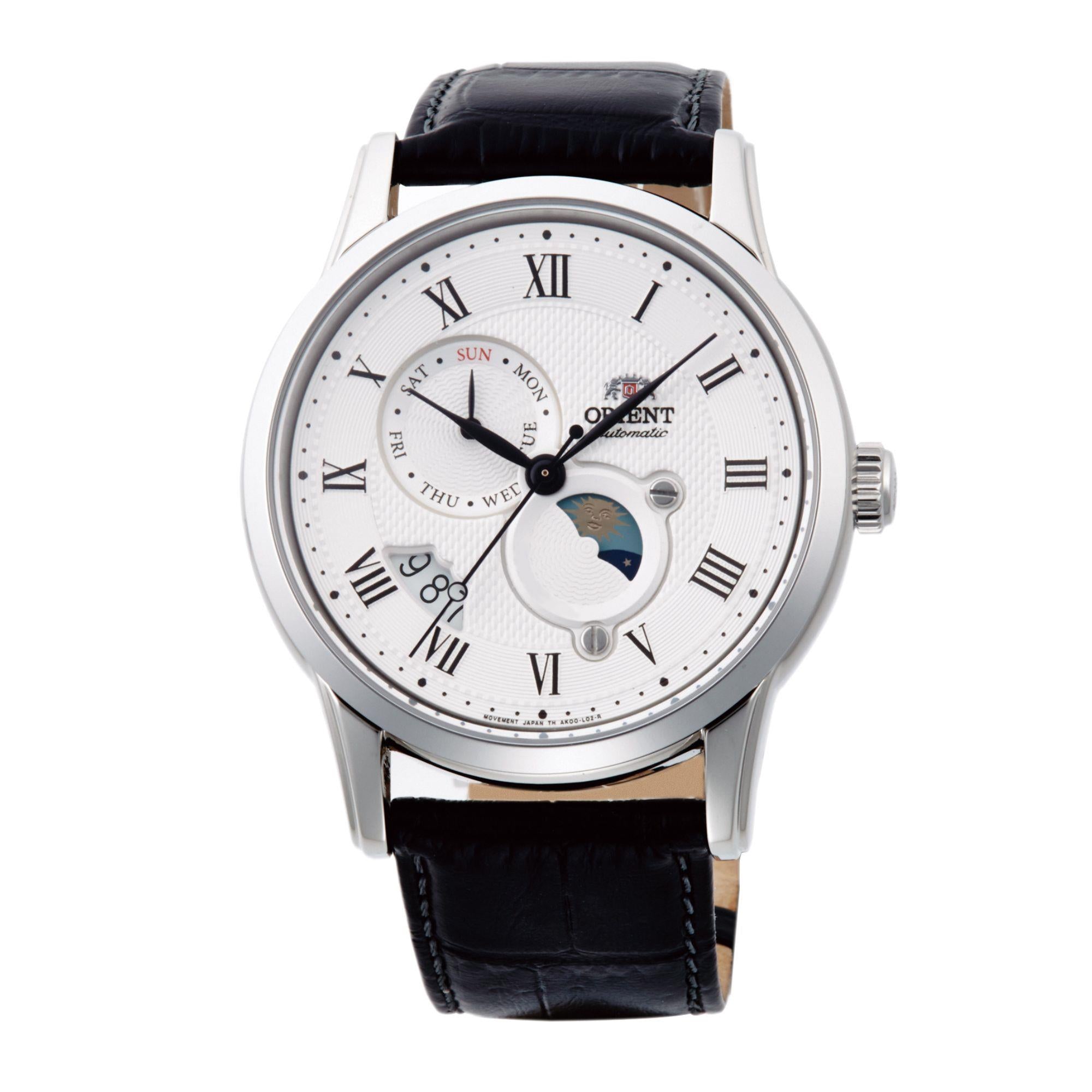 Orient Bambino Sun & Moon Mechanical White Dial Black Leather Strap Men’s Watch RA-AK0008S10B