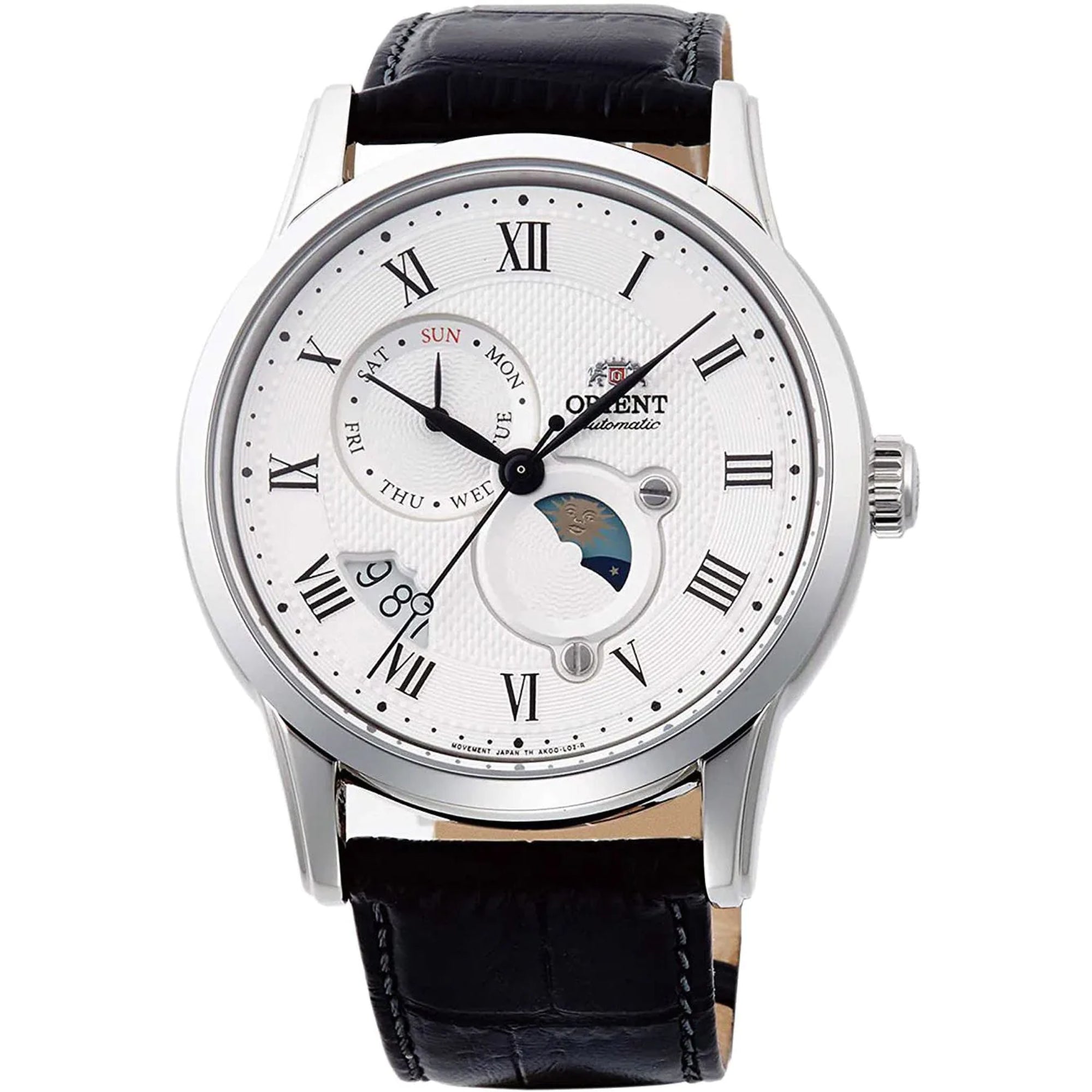 Orient Bambino Sun & Moon Mechanical White Dial Black Leather Strap Men’s Watch RA-AK0008S10B